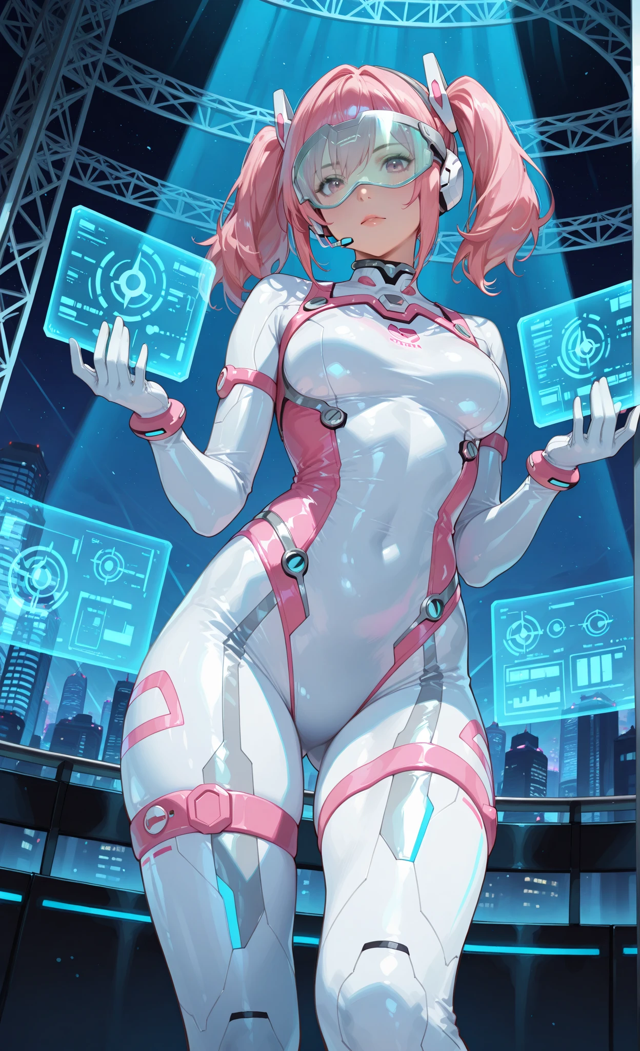 ​masterpiece:1.4, 1girl in ((20yr old, Wearing a futuristic white and silver costume, Tight Fit Bodysuit, long boots, Very gigantic-breasts, (Colorful pink hair):1.3, a short bob, Perfect model body, Blue eyes:1.2, Wearing headphones, Looking out the window of the futuristic sci-fi space station、While admiring the beautiful galaxy:1.2, SFSF control room on night background:1.1, Neon and energetic atmosphere:1.2)) ((Galaxy))