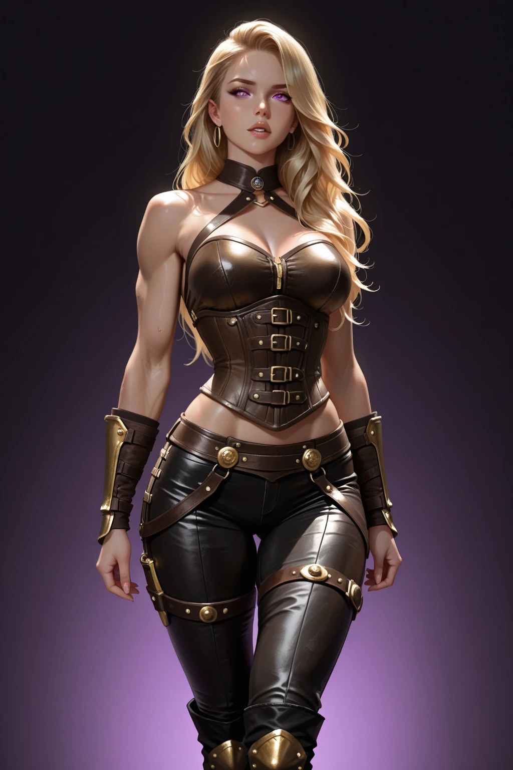 Lithe blonde knight woman, defined muscles, short wavy hair, barbarian queen, leather, straps, enslaved, dressed in rags, blank background, white background