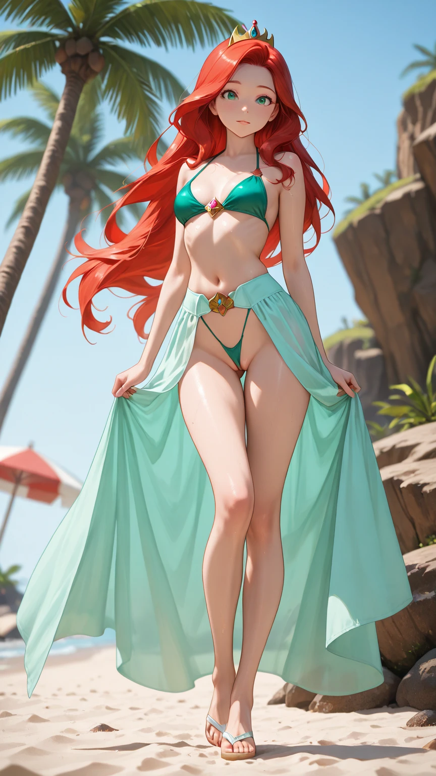 Ariel's and her long, flowing, thick, bright red hair. she wore a lavender seashell bikini top. From the waist down, she has a green horizontal fish-like tail with sea-green scales and sea-foam green fins and a matching V-shaped waist-line resembling fish-lips that reveals her midriff and her belly button. 