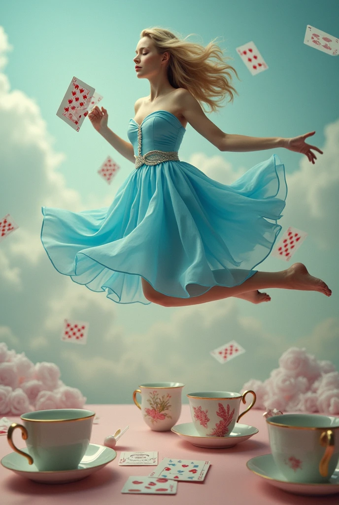 Woman in purple dress throwing cards into the sky