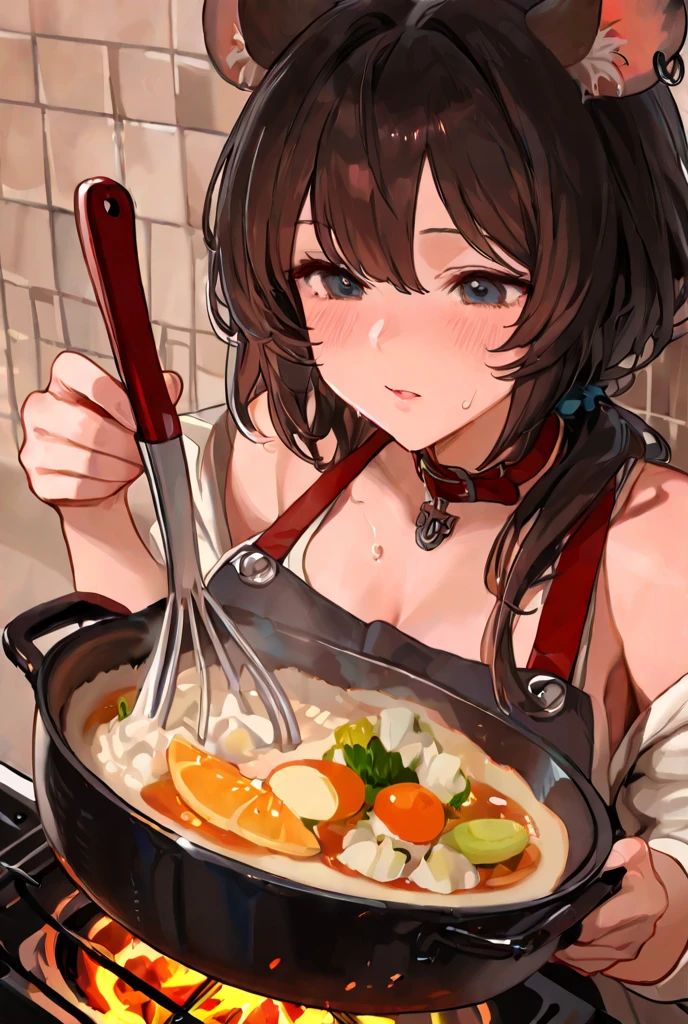 Brat, ((masterpiece)), High resolution, 10 years old、girl、 Brown Hair、Short Bob、((smile、Grin))、Excited、Sweating all over the body、Bright Blue Eyes、smile、((Grin))、Earrings、(((Cooking dynamically)))、Sparks fly、Disturbed、Strong light、Strong winds、highlight、Motion Blur、Naked Apron(wind lift:1.0)、Shallow depth of field、cook、Fantastic、tense、Powerful cooking、Fresh ingredients、Cook the perfect dish、(art)