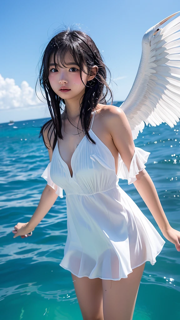 (NFSW)、(High resolution:1.5)、Highest quality,Very detailed,masterpiece,Super detailed,alone,(A front view of a 12-year-old idol),((White micro-tube-top:1.5)),Super beautiful girl、((Angel wings on the back: 1.5))、(Angel hair ornament on head)、Seraphim, ((白いmicro-bikini-panties:1.5)), smile, (((barefoot)))、((White micro-string-panties are visible:1.5))、(The breasts are very large)、((Marine blue, crystal clear sea))、Summer sun、はしゃいだsmile、Beautiful Eyes、((Sitting with legs apart in the sparkling marine blue water:1.5))、(((Big Tits)))、(((Pose to emphasize large breasts 1.5)))、((Big breasted 12 year old lolita idol))、((Big Boobsを強調するポーズ))、((Big Boobs)).A beautiful girl with an innocent face、Sitting with her body facing me、(straight-on:1.5) 、(((With both knees up、Open legs to show panties: 1.5)))、(reflected in water) 、(((front view:1.5)))、((Sitting with legs crossed))、Girl with very big boobs