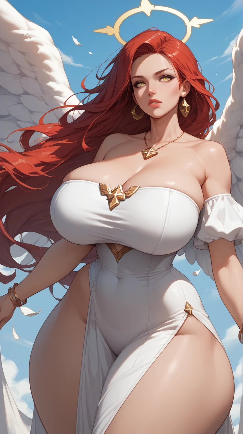 Beautiful girl with big breasts, thick thighs and wings in the sky,nude ,muscle, toning ,White skin, red hair
