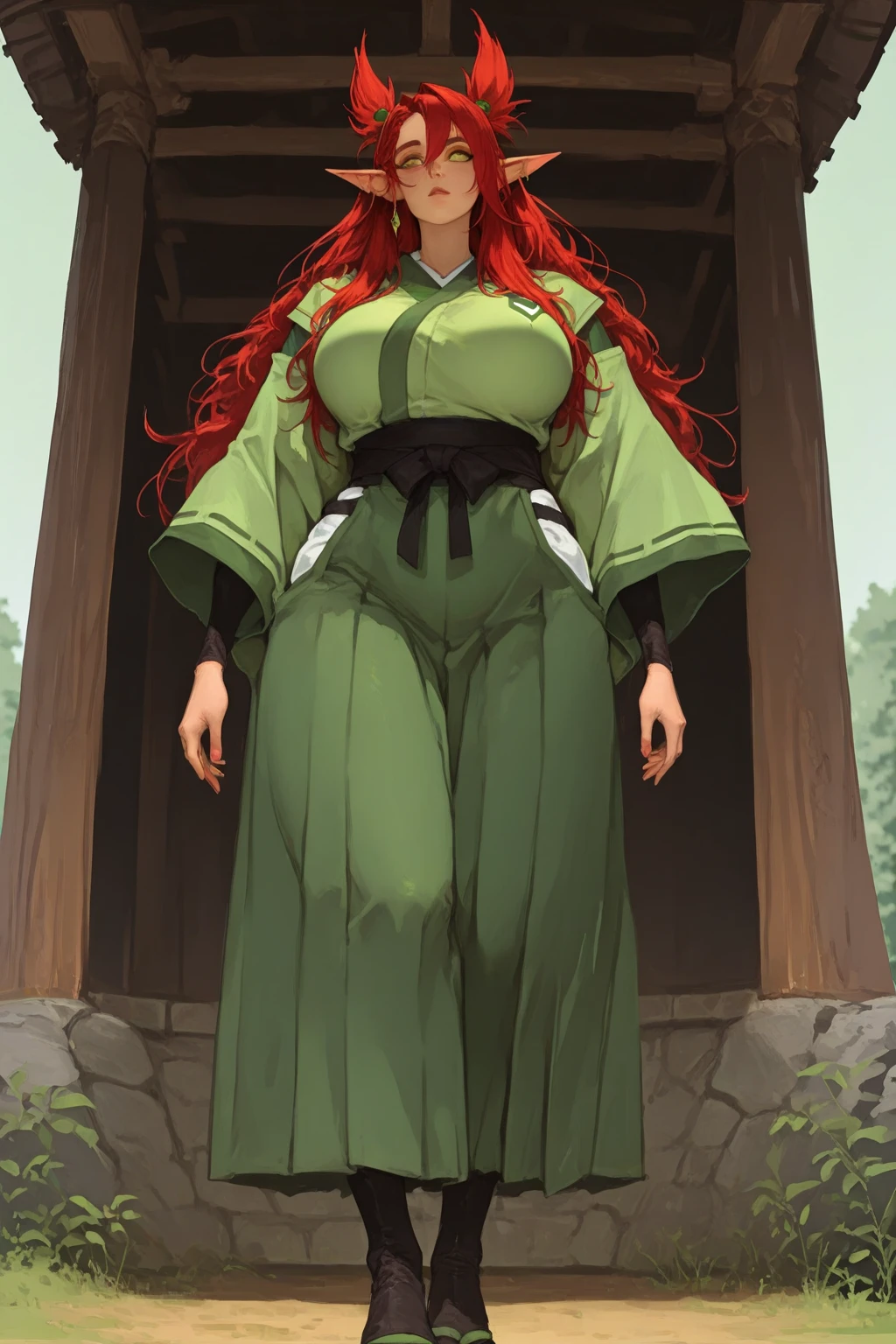 Processus, cheveux orange, grosse poitrine, cheveux longs, cheveux vivants, , seul,, Muscular girl, Grande femelle, sourire, corps entier, pantalon, Ouest, Berserker, guerrier, revealing clothes, amazone, tribal clothing,kimono, moine, bear ears,, marche, seul, woods, corps entier, Tongs