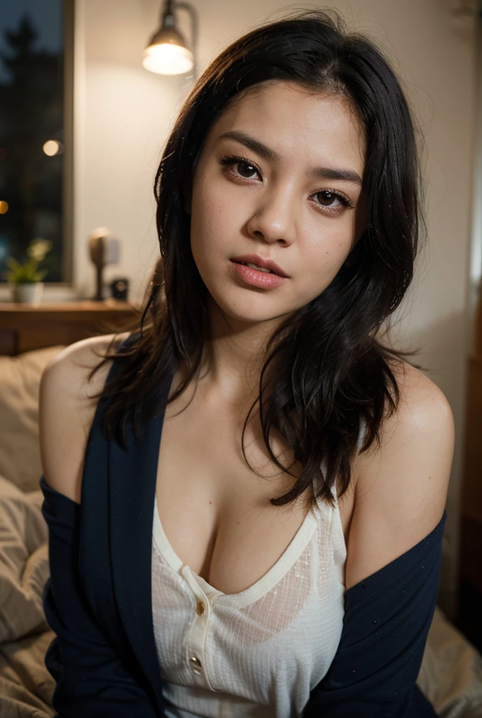 Create a realistic image of a Thai woman named Chae. She has very fair skin, full M-shaped lips, a smal narrow nose, and large blue eyes. Her eyebrows are slightly curved and perfectly complement the shape of her eyes. Chae is slim with a narrow face and long black hair. She has a rebellious and cheerful personality, and her figure is slender. In the image, she crosses her arms in front of her chest and looks playfully grimacing, as if she's pretending to be angry.