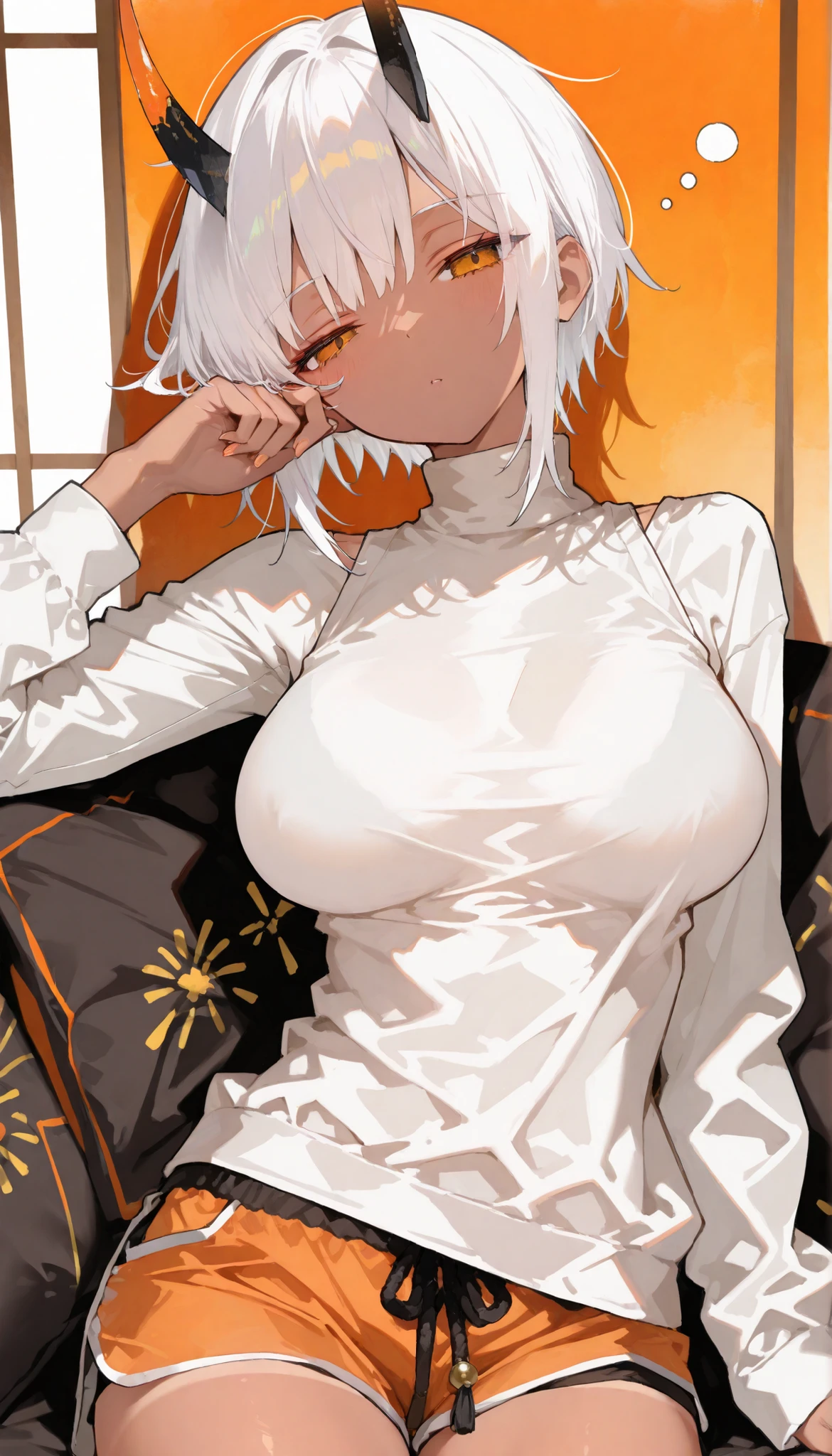 (masterpiece), best quality, expressive eyes, perfect face, a white girl, short white spiky hair, ((dark sclera)), yellow eyes, white skin, bra made of shells, looking at viewer, ((shot from below))