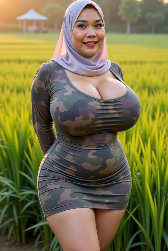 Arabic Woman in rice field, curvy body, very detail ,wide hips, loong legs ,thick high, full body in camera, wearing strap wedges, wearing mini sweater dress, long legs,