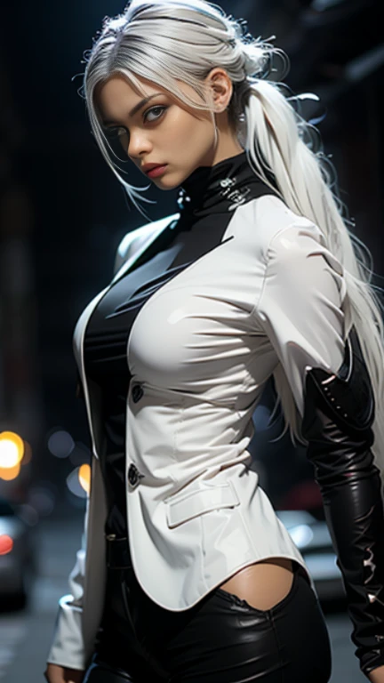 a woman with white hair and black and white wig, photo inspired by Edo Murtić, tumblr, pop surrealism, black hair and white bangs, black and white hair, cruella devil, cleavage, photorealistic, high quality, masterpiece, detailed, sharp focus, vibrant colors, dramatic lighting, short leather dress, fishnet stockings, standing seductively