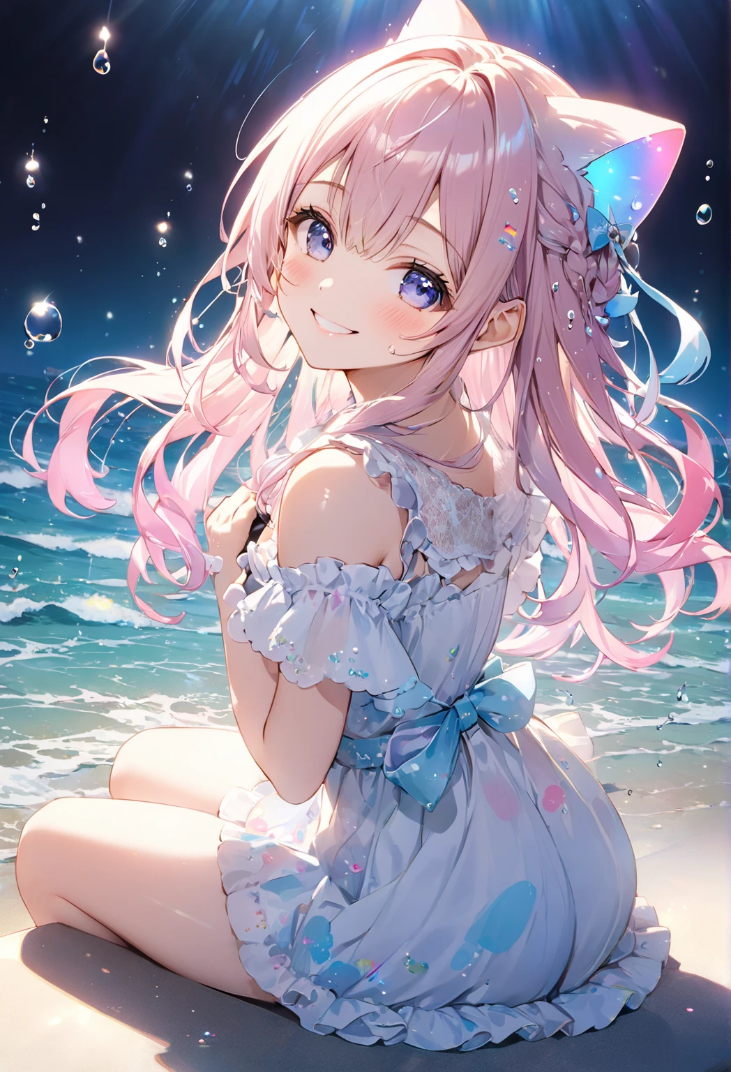 Super detailed, 8K,  Water in a glass, bubble, Right blue water, nice, bright,pretty girl,In the water,Swimwear,Pink Hair,ピンクのSwimwear