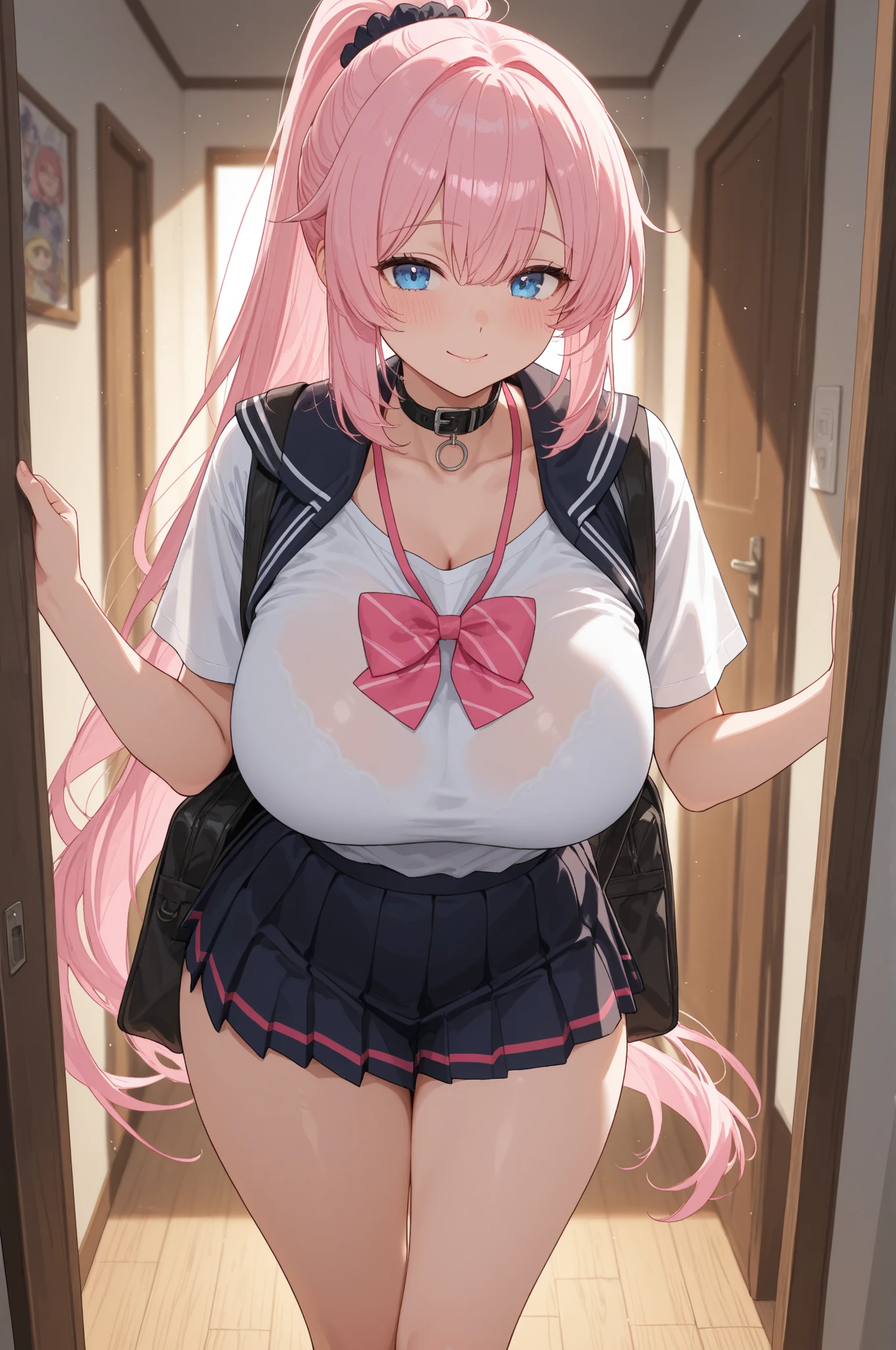 (masterpiece、highest quality、Super detailed)、((One girl))、((Pink Hair))、((Twin tails))、((Light blue eyes))、evil smile、((Grin))、steam、Earrings、((Very large breasts))、((White shirt))、((pink cardigan))、((Black pleated skirt))、((white buggysocks))、loafers、Are standing、whole body、Shoot from above、Gym storeroom