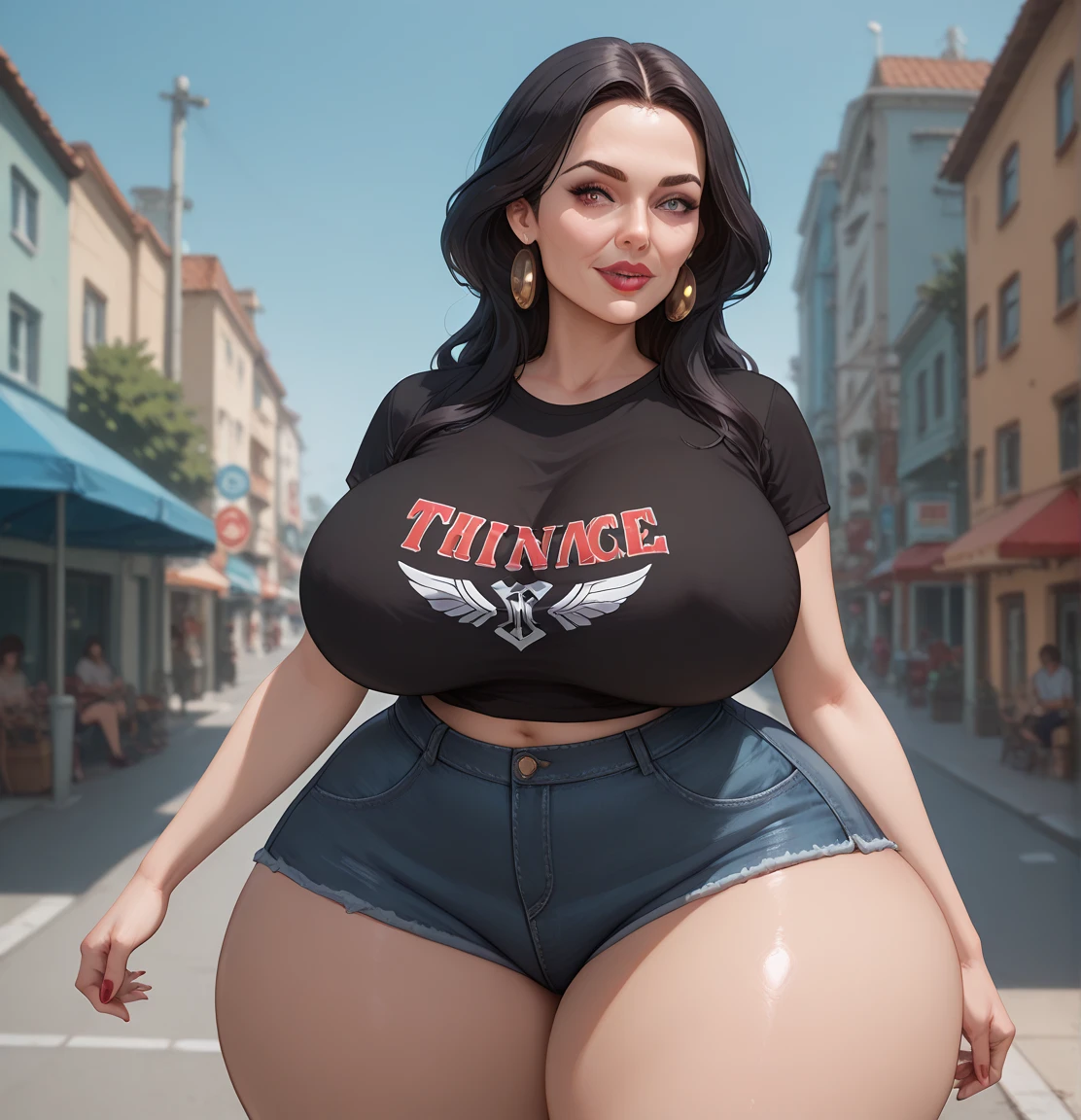 Her thighs are very very fat. Her calves are fat. Her cheeks are round and plump. She looks like selena gomez. her thighs are chubby twice their size. her calves are chubby twice their size. Her breasts the size of beach balls and are wider than her torso and go past her waist. Her calves are much thicker, her thighs are very wide. she 36 years old. her cheeks are rounded. young beautiful cute chubby woman with tiny facial features and rounded cheeks who looks like an older selena gomez with tiny head and smiling with big plump lips, big eyebrows and dark hair which tied up in a bun. Her entire torso from her neck past her waist and wider past her arms on the side fully covered by unrealistic proportions enormously huge breasts that go over her stomach and past her waist. Her Breasts are wholly larger than her torso, arms, and stomach. Her breast size are thirty times larger than normal. she wearing an open cleavage white top. she has skinny arms. very unreal proportions, unrealistic body shape. realistic lifelike photo. her breasts are so large they go past her waist. higher photo quality. realistic photo. She is standing on beach wearing only a purple bikini