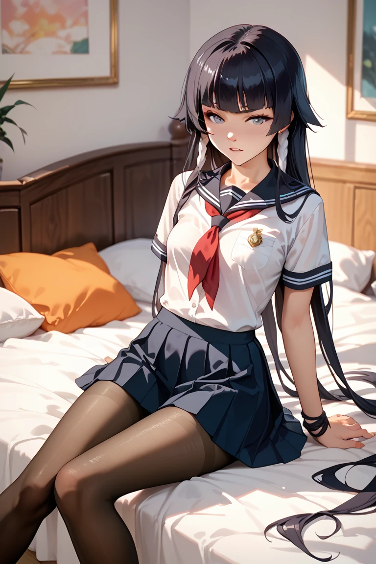 ((Masterpiece: 1.3)), ((Absolute Resolution: 1.2)), ((Highest Quality: 1.4))), ultra-detailed, super-detailed face, complex and detailed eyes, one girl, slick nasal bridge, detailed mouth, meticulous and cute smiling expression, realistic bumps on human body, silky smooth hair texture, (excited face and humiliated, (( realistic skin)), ((stylish and cute designed school uniform: 1.6, black stockings:1.4)), ribbons, hat, ruffles, lace, girl with one-length bob-cut braids, adornments of cute design appropriate for her age, (sitting pose with legs spread left and right and hips floating: 1.3), Innocent hand motions, (white skin:1.3), softly swaying breasts filled with large amounts of fat, cinematic lighting, perfect shading, (((cute nursery))), shaded realistic lighting, Reflecting the whole body