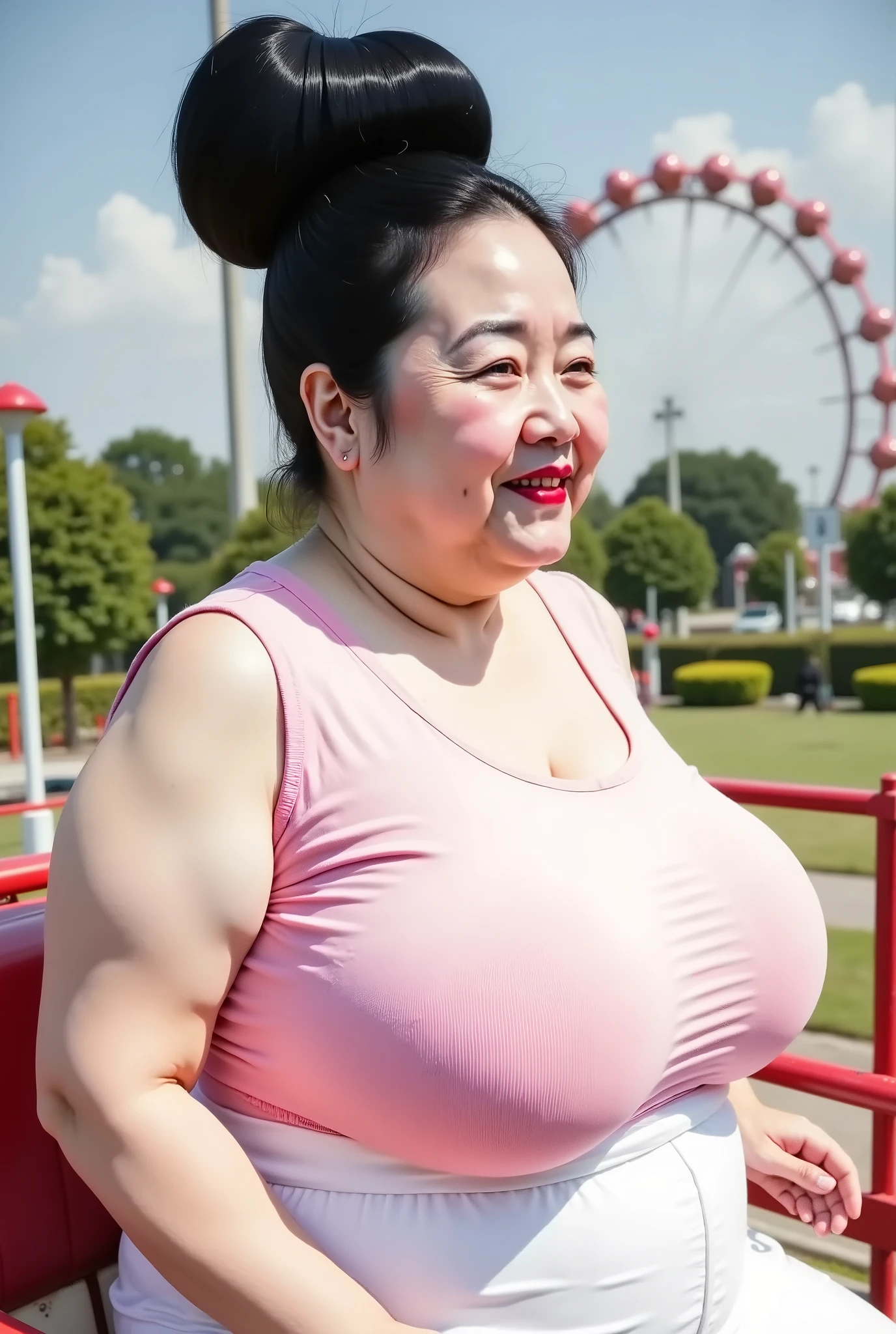 4k, 1 busty mature, japanese, 45 years old, nsfw, looking at viewer, From Front, full body, stand, arm behind back, Obese, Plump, bombshell, Enormous Breasts, Sagging breasts, gigantic breasts, puffy nipple, dark areola, large areola, Pubic hair, Overweight Body, Bulky legs, Wide waist, Flabby, Postpartum, long hair, impossible sexy dress, loincloth, publichair slip from loincloth, necklace, in super market, crowd