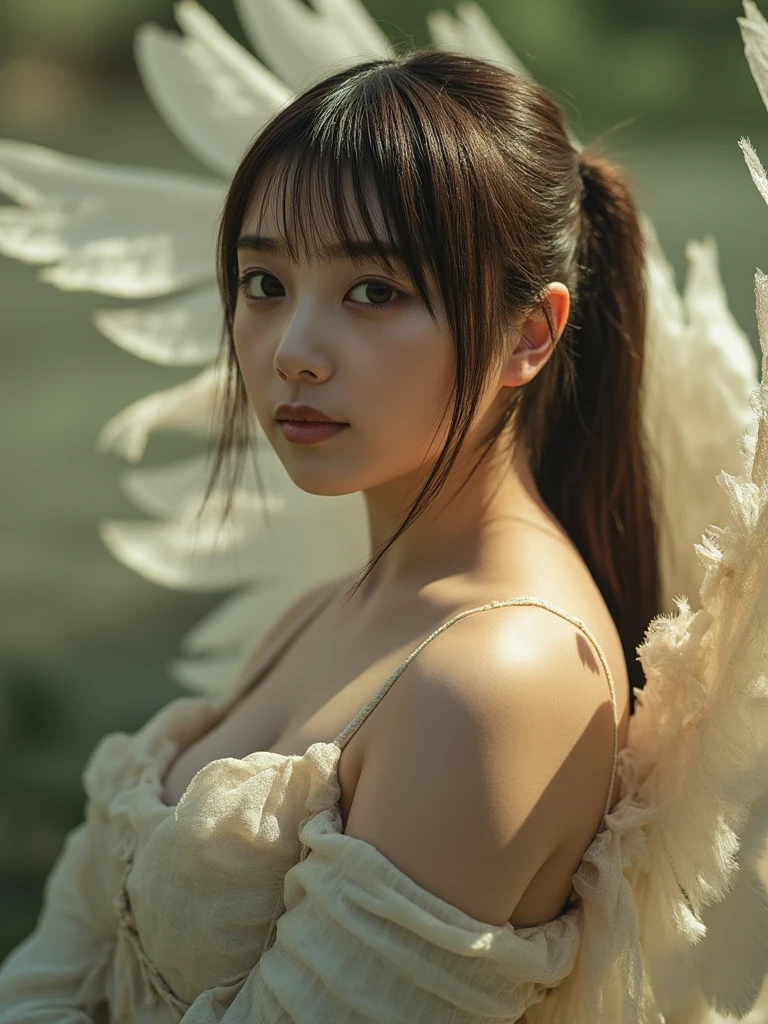 High resolution, masterpiece, 解剖学的に正Shii, High detail, Textured skin, One woman, Ancient Greece, god話, アテネgodのような, Like the Winged Victory of Samothrace, 戦いの女god, 勝利の女god, Armament, Majestic Angel, god々Shii, Low ponytail, Braided Ponytail, whole body, Large feathery wings, 逆光でwhole bodyが輝く, Small hill, god殿の廃墟, Solemn atmosphere, god々Shii日差し