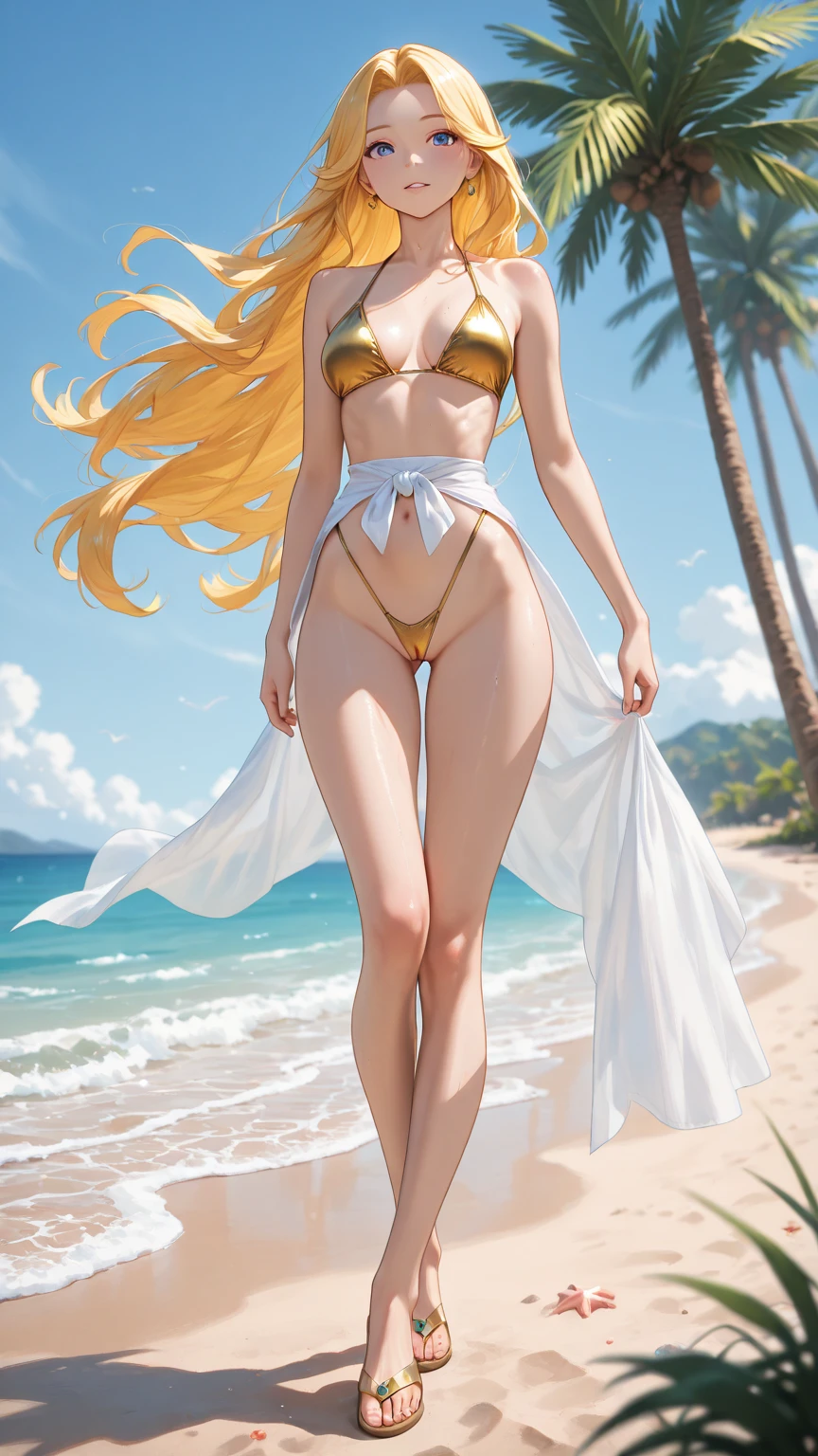 An extremely beautiful stunning woman with a perfect busty body, gold blonde long silky hair, big blue eyes, extremely super bright snow white fair stunning flawless glowing lush shiny flawless white skin, a perfect tight hourglass figure, and a skinny waist, sexy thick smooth luscious legs and thighs, extremely cute smile on the face, bright pink blushes on cheeks, wearing a short sexy tight revealing white bikini with threads, yellow heels, gold necklace on the neck, gold anklets on feet, gold chain on the waist, standing straight, holding a red roses bouquet, beach in the background, show full body from head to feet.
