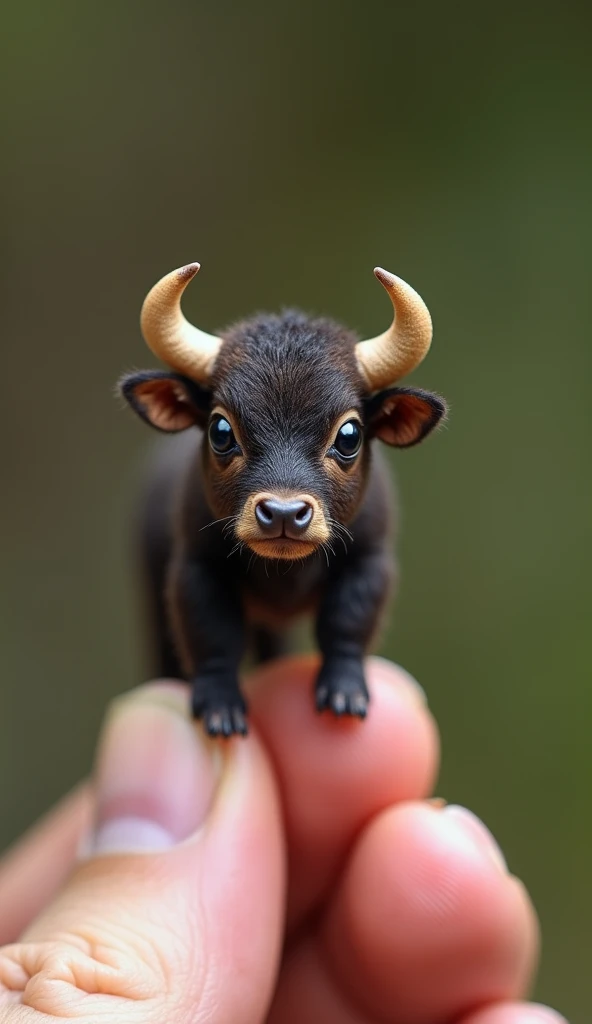 photorealistic, 34K, A microscopic baby buffalo perched on a human finger