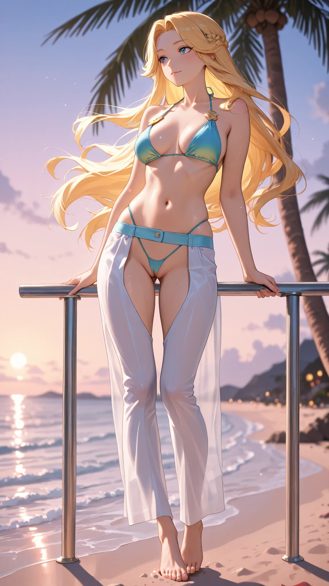 Pretty Female, Windblow blonde hair, glowing blue eyes, realistic, masterpiece, high detailed, 4K, beach background, high detailed light, little smile, white skin