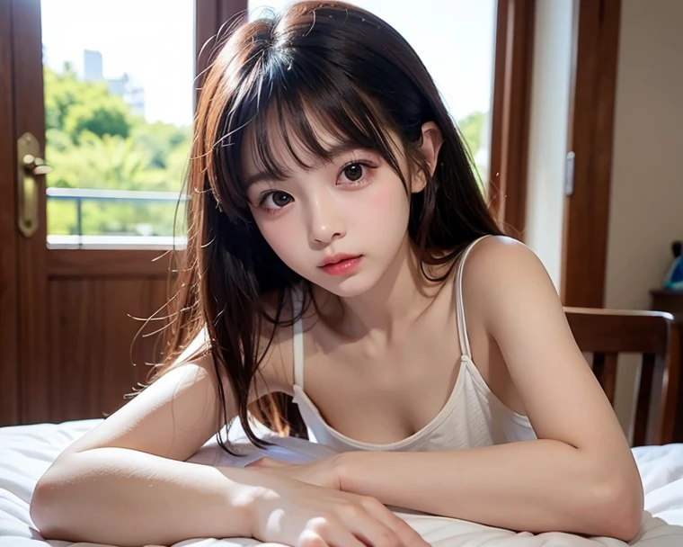 (professional portrait、professional writing)、highest quality, (anatomically correct arm:1.3), Detailed workmanship、high resolution、(8K, High resolution:1.2)、(RAW photo, photorealistic:1.3)、masterpiece、slender body shape、high definition face、Face is in focus、high definition eyes、(Focused, symmetrical pupils:1.2)、High-definition and beautiful skin、firm skin、natural makeup、gross lip, High-definition hair texture、 Japanese high school girl、17 years old、(high school uniform:1.3), (lying down on one’s back:1.3), (hugging own chest by arms:1.2), very cute, (very embarrassed:1.2), (blush:1.1), (afraid:1.3), (Glaring at the camera:1.3)、(shot from above:1.3), small breast, nsfw, cleavage