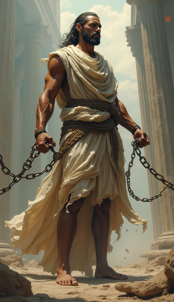 an old man,beard,blond hair, Long Hair,muscle,anger, loincloth, In a cage, slave, Chained, good looking, Facial blemishes, Squeeze the face, Red eyes, Two hands, Tattoo on the forehead, many chains, Chained on neck