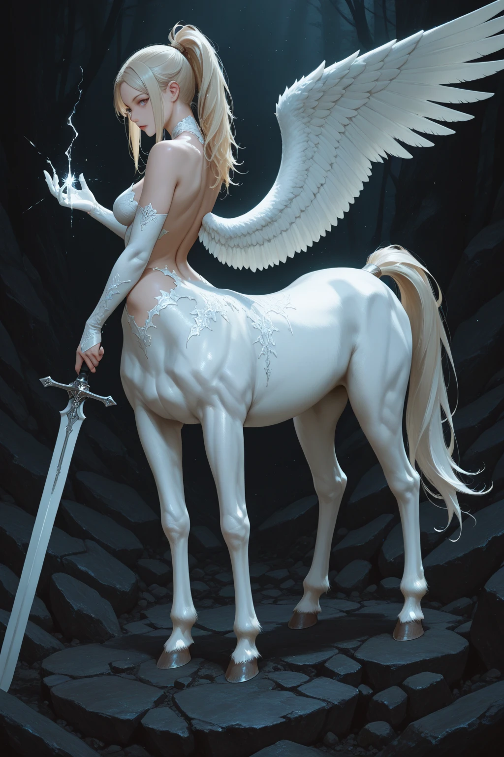 A female centaur,She is famous in the multiverse,She is both a female centaur, half human, half horse, half horse,It is also a female Yingzhao。She blends both images,The first is the head of a horse/neck/Shoulder these parts,After feminization,The upper body transforms into a beautiful female human,Female, half-centaur, half-human, half-horse, half-human,The second is the waist of the horse/hason/gluteal/Legs feminine,Female half-horse with beautiful woman's,Chimer,It's like a female human wearing a half-horse-like costume and making a seamless chimera,This chimerization is based on powerful futuristic technology。The ultra-wide-angle lens captures the image of her sleek and ethereal wings charging and leaping on the ionosphere。Her front half is distinctly feminine,Tall sexy body,Has K cup teardrop-shaped giant tit chest,It has a small man's waist butterfly spanning long legs,The half-horse part of the hind body,Embedded interface in the front half of the body hip position。The back half of her body is horse-shaped,Half-horse torso,The morphology is completely female and humanized,Start at the upper end of the sternum,Embedded in the lower back position of the beauty body,Sexy bent dog style shaped chest/lower back/Ventral transverse,Then there are the sexy beauty's upright hips,Her entire body has been completely feminized,Including the half-horse part,Mechanized armor covers the knee-shaped anti-joints and feet,And these parts are highly anthropomorphic,This gives her legs a graceful and slender line,She has four slender legs like a supermodel,Under the legs are skinny white feet dressed in Skyscraper Heels,Use Midjourney's advanced stroke tools and color palettes, as well as texture packs, model packs, and texture tools,Concentration,Femaleize all parts of her original equine physiologic appearance,And give these parts an ergonomic appearance,Fine treatment of the thoracic and abdominal cavity of the posterior body,As well as hips and legs,Tightly connected details