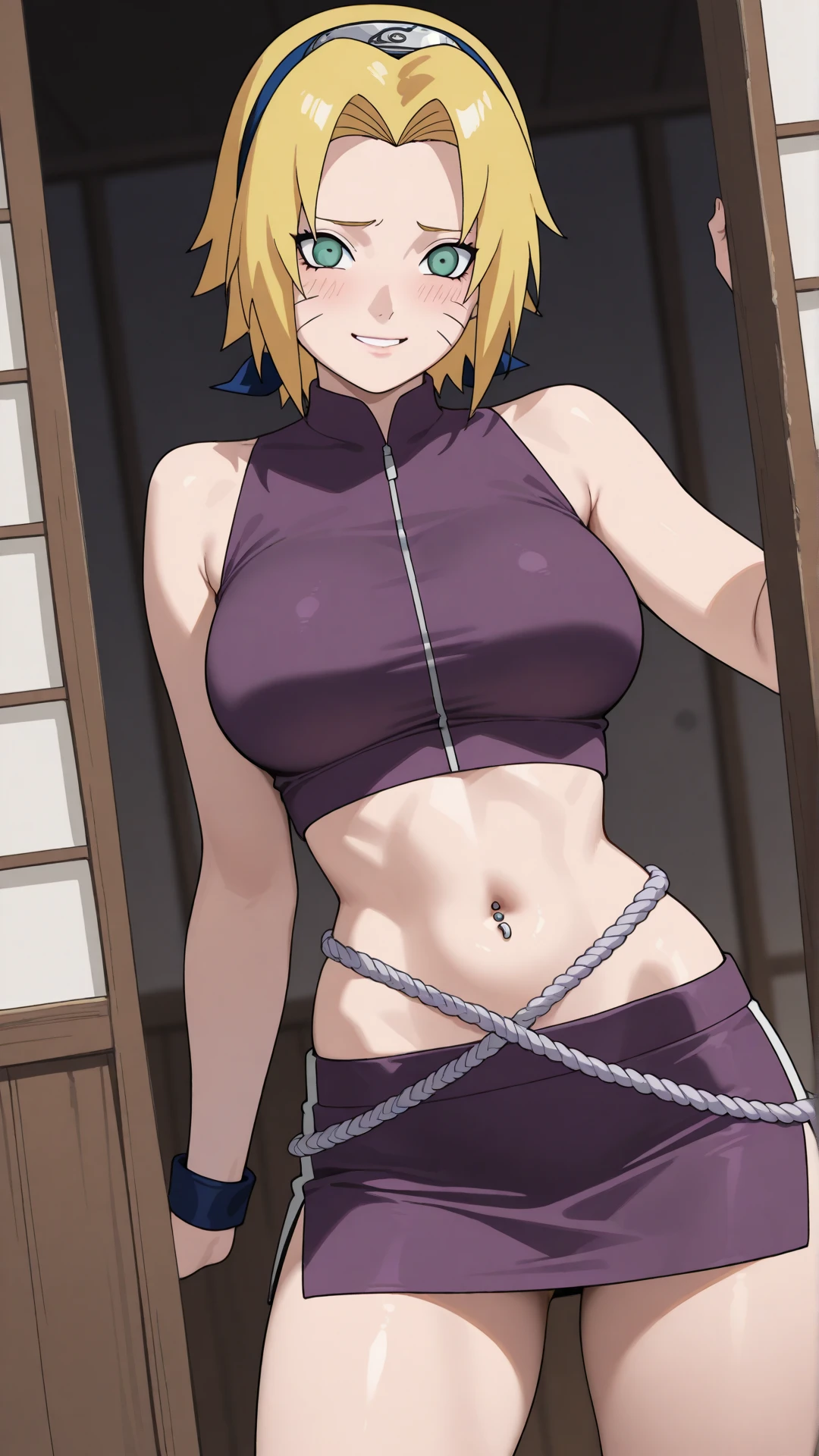 Tsunade, sports bra, detailed navel, strong woman, powerful muscles, confident expression, vibrant colors, dynamic lighting, realistic painting style, high resolution, ultra-detailed, HDR.