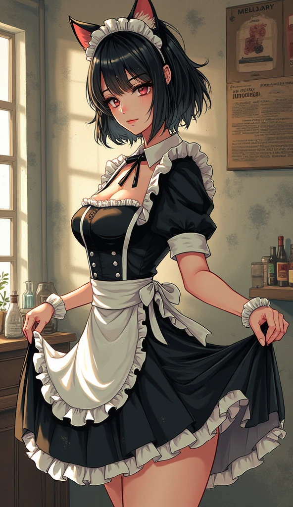 Nsfw, ((((masterpiece, best quality, high resolution)))), 1girl, white hair, purple eyes, short wavy hair, average breasts, blush, light smile, parted lips, glow, thighs, bare shoulders, collarbone, narrow waist, cleavage, (beautiful detailed face, beautiful detailed eyes), long slender thighs, perfect eyes, (maid outfit, maid apron, maid headband), (sunbeam, sunlight, rose, wind, cafe), ratatatat74