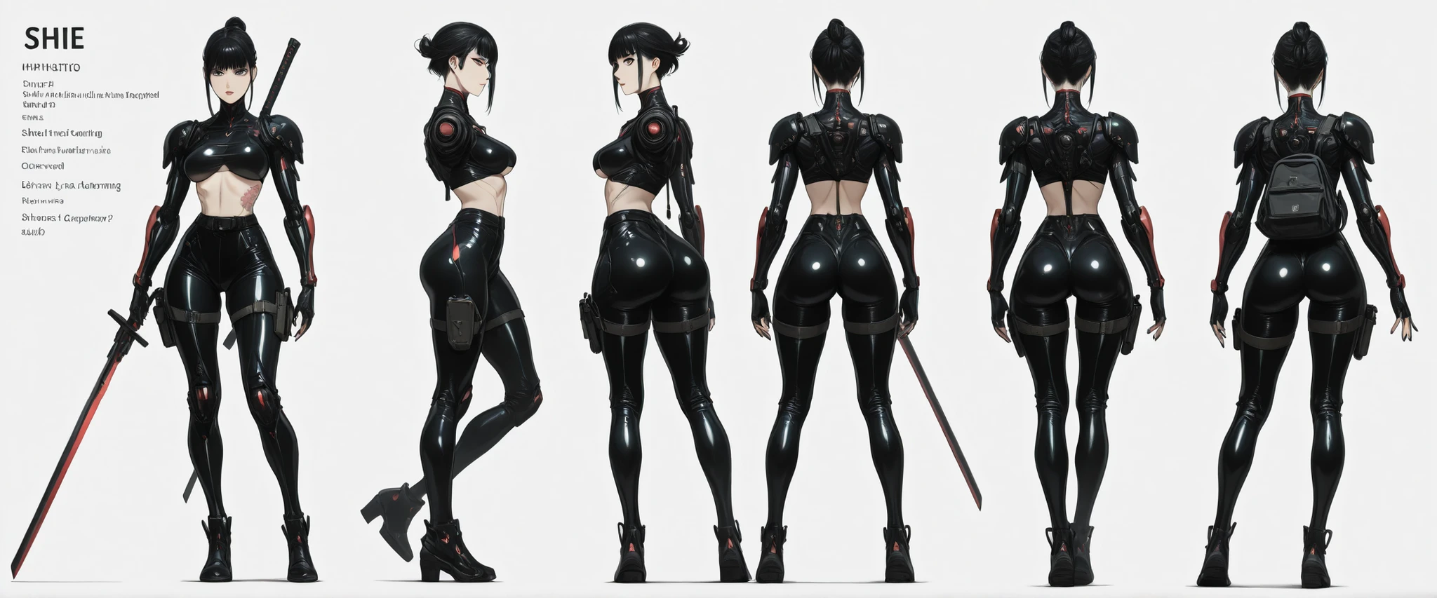 1:1 masterpiece, best quality, amazing quality, latest, very aesthetic, [[ 1 girl, She has one arm uncovered and all tattooed, the other arm has a bionic cyborg armor, she wears a black mini-top and is very short showing her lower part, ((underboobs)) she has medium and voluminous, her hair is black and resembles a Viking hairstyle, she has blue eyes, she has a defined abdomen, she wears black latex pants, in one hand she holds a huge sword, on her leg she has a military holster and military accessories such as ammunition and grenade, she wears a small backpack on her back she has a cyberpunk samurai katana, She is standing and the image shows her entire body from head to toe, she has sharp curves, beautiful body, high quality image, black nails, eyeliner, penetrating villain gaze]], front, side and back view, character presentation, [[white background]], character design layout, 3 sides, front back and side, side front view and rear. [[FULL BODY]], [[Image showing your full body from head to toe]], front and side view in the same image, [[white background]], presentation of the character concept. no shading, flat colors in the 90s anime style with cel shaded. 3 tones, high resolution 32k, defined and detailed face, detailed eyes, high resolution, sharp image