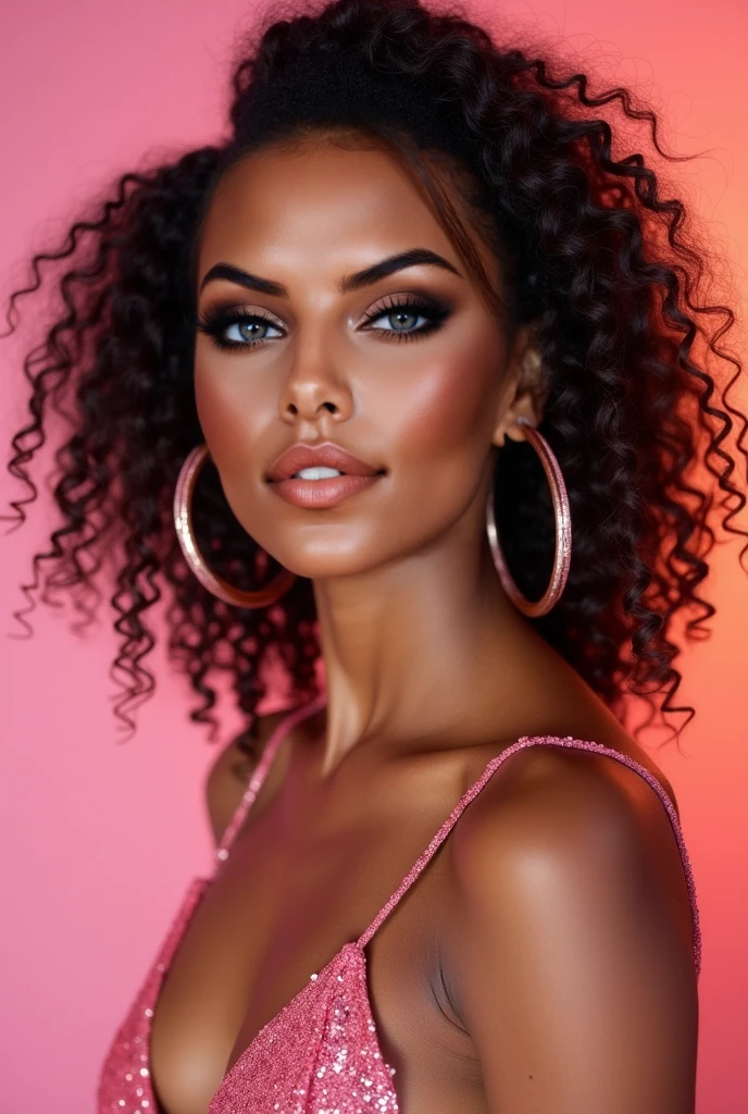 Completely Arafed woman with green eyes, wearing a pink dress in her room. Beautiful pink dress. Full-length photo of woman in pink dress. beautiful young black woman with dark skin, black Brazilian mixed race, beautiful 30 year old Afro-Latina girl, beautiful African and Latina, Brazilian and Angolan descent, a black woman, mixing African and indigenous features, a unique mix of indigenous, African and European ebony . The hair is extremely curly, with well-defined and voluminous curls. The natural texture. Her hair is long, falling in voluminous waves around her shoulders and down her back. The hair has a lot of volume, creating a full, dense appearance. The hair is black. green eyes, eye is green, green and expressive eyes, beautiful green eyes, realistic green eyes, detailed green eyes (eyeliner, long eyelashes). Perfect eyebrows and are thick. the nose is small and proportional, beautiful face. Attractive and irresistible mouth, well-defined lips, full lips, voluminous lips, seductive lips. The face is oval, with high cheekbones and a well-defined chin, a beautiful and detailed face. Professional, dramatic makeup, a more impactful look with shadows that accentuate the captivating look, Striking makeup, with eyeliner, black lipstick. Skin tone: Olive skin, healthy and with uniform shine, with olive skin, dark skin, sexy girl with skin brunette, detailed skin texture, beautiful and glowing skin, intricate details, smooth skin, healthy and radiant appearance. A woman has a well-defined and athletic body. Her silhouette is shapely, highlighting a thin waist in contrast to fuller hips and bust. She has a prominent bust, with large, firm breasts, silicone breasts, voluminous breasts. Thin waist. The hips are wide and well-defined, with a pronounced hourglass shape and a large butt. The legs are long and muscular, with well-defined thighs. 50 mm lens, f/2.8, hdr, (8K) RAW photo, high quality resolution 8K uhd, dslr, 2k, 4K, 8K, 16K.