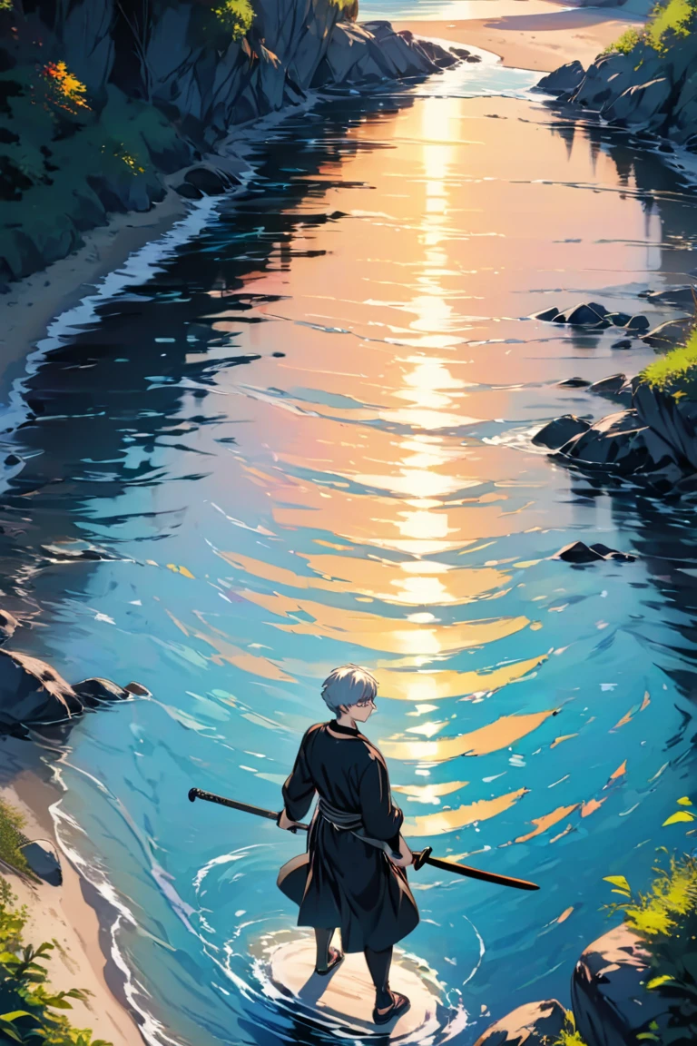 In the sea of fire, the young man held a sword and holy light in one hand，The boy is gray-haired and blue-eyed