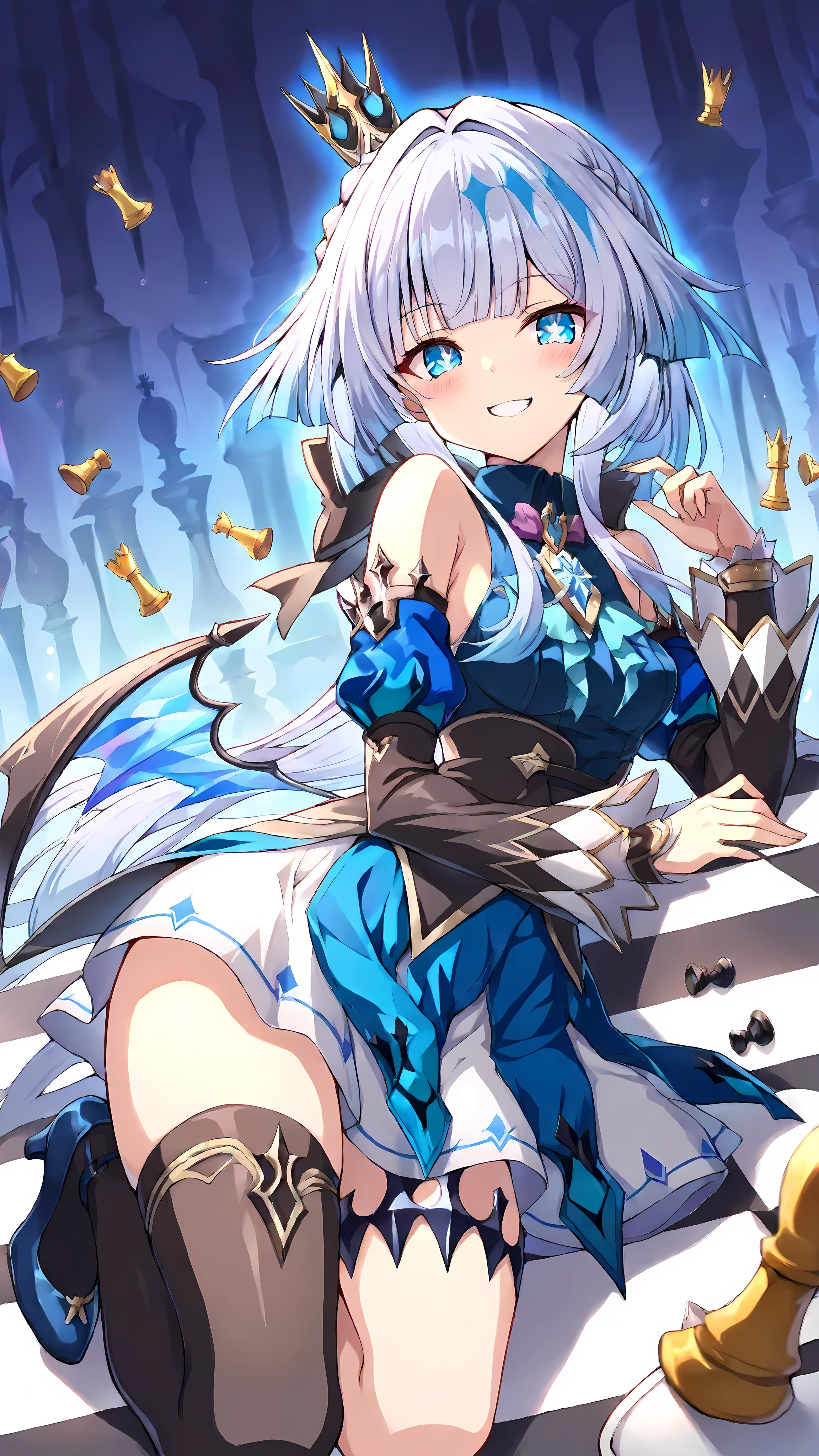 Score_9, Score_8_up, Score_7_up, Score_6_up, Score_5_up, Score_4_up, Source_authentic, masterpiece, best quality, amazing quality, very aesthetic, high resolution, ultra-detailed, absurdres, newest, scenery,(depth of field:1.5),
(super fine illustration,professional quality,ultra high res), beautiful detailed eyes,
(high brightness),
break
cerydra,
blue eyes, bangs, light blue hair, braid, white hair, gradient hair,hair bow, hair ornament, long hair, multicolored hair, ponytail, short hair with long locks, sidelocks, small breasts,

crown, mini crown, black thighhighs, blue dress, hair bow, black bow, detached sleeves, asymmetrical legwear, frills, bare shoulders, collarbone,  thigh strap, thighhighs, blue footwear, high heels, fur trim, single thighhigh, wings, high heels,

 ((extremely detailed background)), Lots of elements in background,((super-detailed background)),  large chess board, chess pieces, chess pieces, ((8K wallpaper)),

1girl, 
Smiling face, Glossy eyes, Animated, Seductive, Erotic, Glossy skin Thighs, Sexy, 
(Cute Illustration: 1.3), (High Saturation: 1.3), Cute face and eyes, Dynamic lighting,
dynamic pose,from sideintense angle, on side, standing,
(Dynamic lighting: 1.2), 