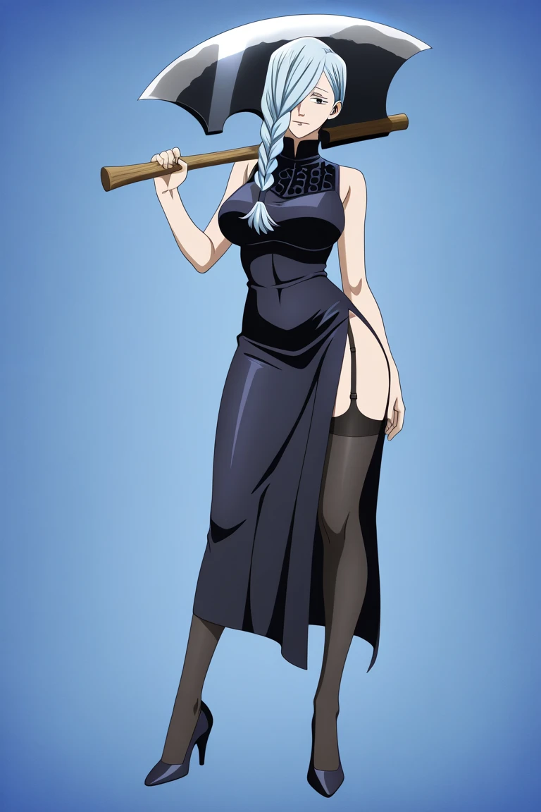 masterpiece full body toe to head beautiful woman butler, 1soloMILF BIMBO full body black uniform wearing a big belt (Nylon Belt for Women) (plain background) bracelets strong body standing by wooden pole
