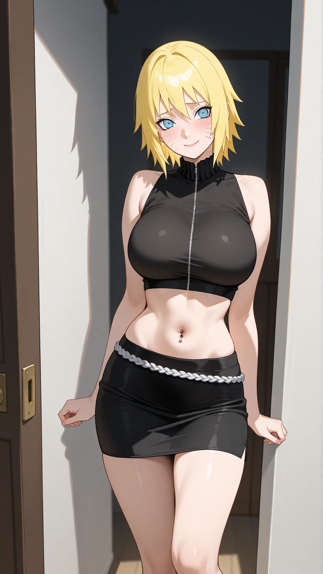 Meisterwerk , (komplizierte Details), (Bunt),Filmische Beleuchtung,bust shot,extrem detailliertes CG Unity 8k Wallpaper,Lehrplan\(Boruto\), 1girls, mid large breasts, reifes Weibchen,geschlossene Augen, , stehend, Armstütze, upper body,gut,Skinny Jeans, Spaltung, drinnen, Fenster, Sonnenlicht, zeigen ,Breasts show,half body,arms behind back,weiter Ausschnitt,Perfekter,blonde hair,view on the breasts