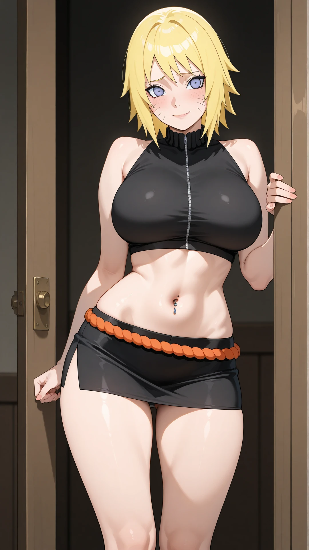 Best quality, 1 girl, Temari, blonde hair tied up, blue eyes, firm breasts, black shirt, Temari looking at the viewer, cheeks flushed