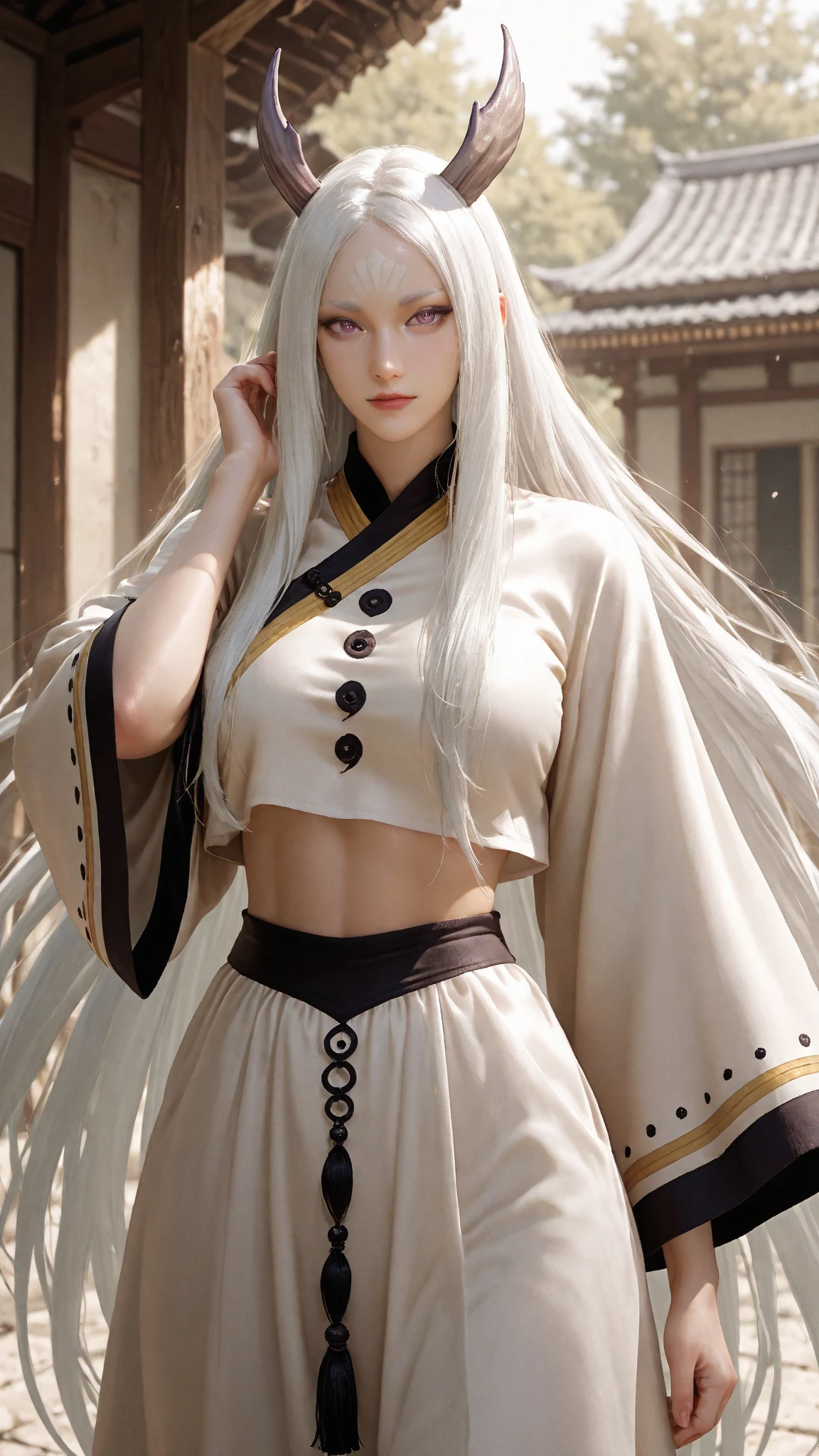 (masterpiece, best quality:1.2), intricate details, mythmaker irelia, 1girl, hair ornament, hair rings,  shoulders, dress, detached sleeves, forehead mark, multicolored hair, white hair, earrings, green eyes, textured skin, looking at viewer, solo, light smile, (mature female:1.2),sexy pose
