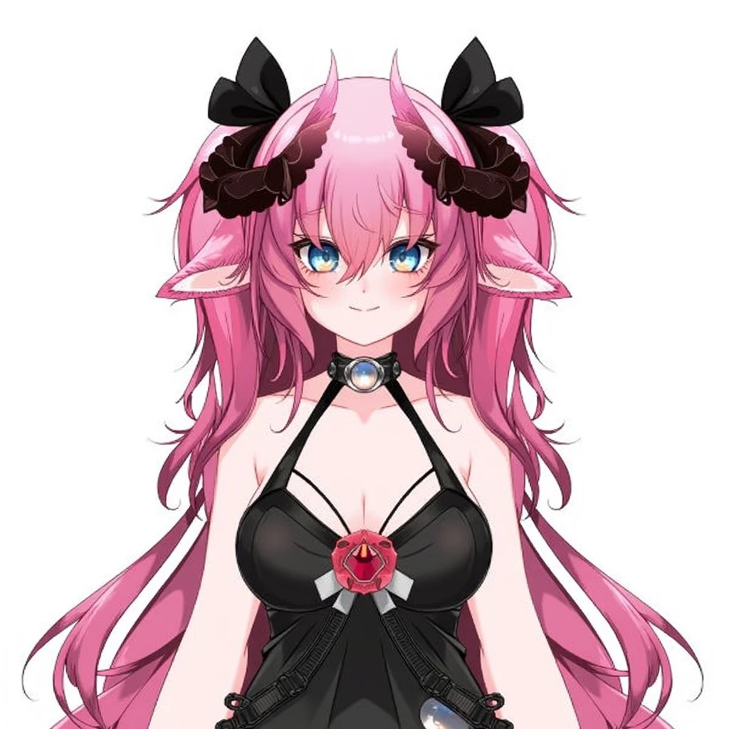 Sexy girl , Long pink hair covering right eye , Horns tail like a mulberry