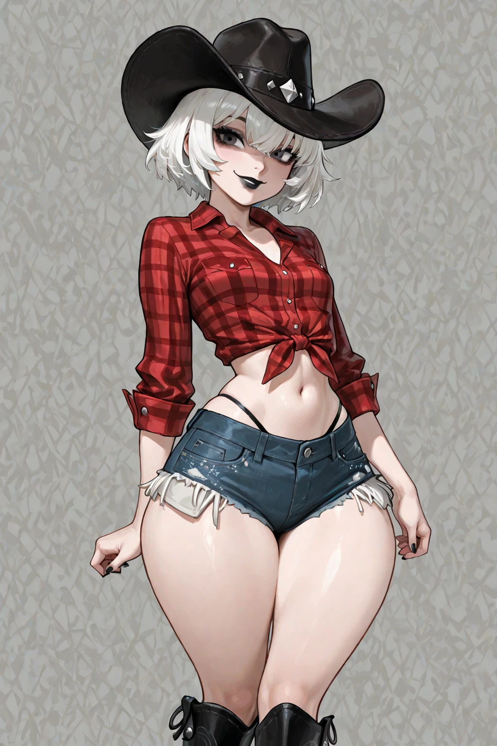 ((High quality)), ((HD)), ((very attractive, curvy and sensual woman)), Cow semi-human, ((very pale and milky skin)), chubby, long white hair styled in a messy bun, pearly white eyes with long eyelashes, ((cow ears)), ((small cow horns)), ((long cow tail)), wide hips, thick thighs, ((very big and heavy breasts)), big butt, cow print drawstring front crop-top, very revealing neckline, very tight denim shorts, heeled cowboy boots.