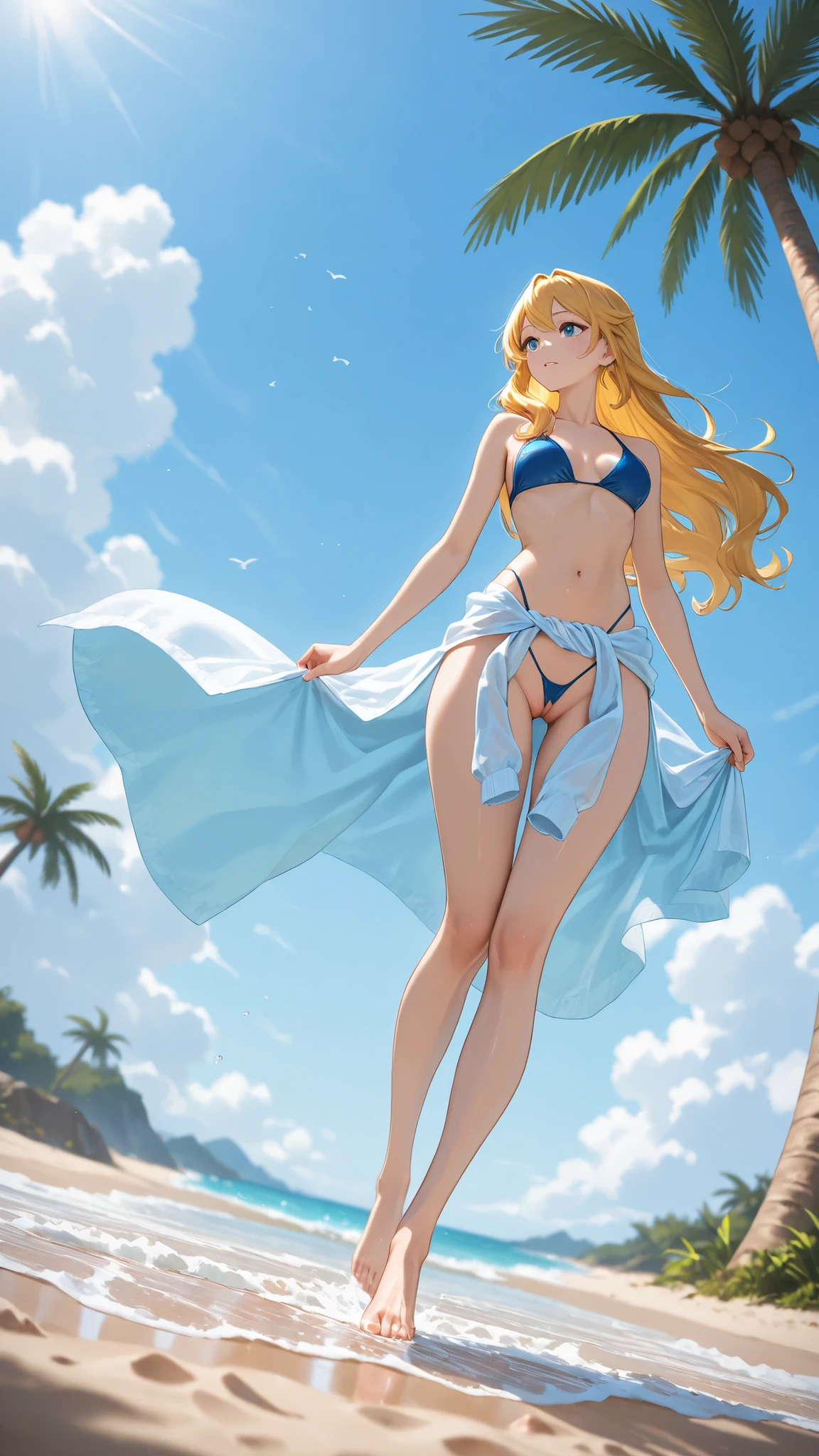An extremely beautiful busty woman, with long silky golden blonde hair, blue colored eyes, extremamente super Ablaze, snow white, dazzling, impeccable, Ablaze, exuberante, pele branca e Ablaze, and thesis, a perfect, tight hourglass figure, a thick and fat ass, neckleace, and perfect hips, usando um transparent white micro bikini, yellow heels, a beautiful lovely smile on the lips, pink lips, pink nails, standing, gazing at viewer, show full body from head to toe.
