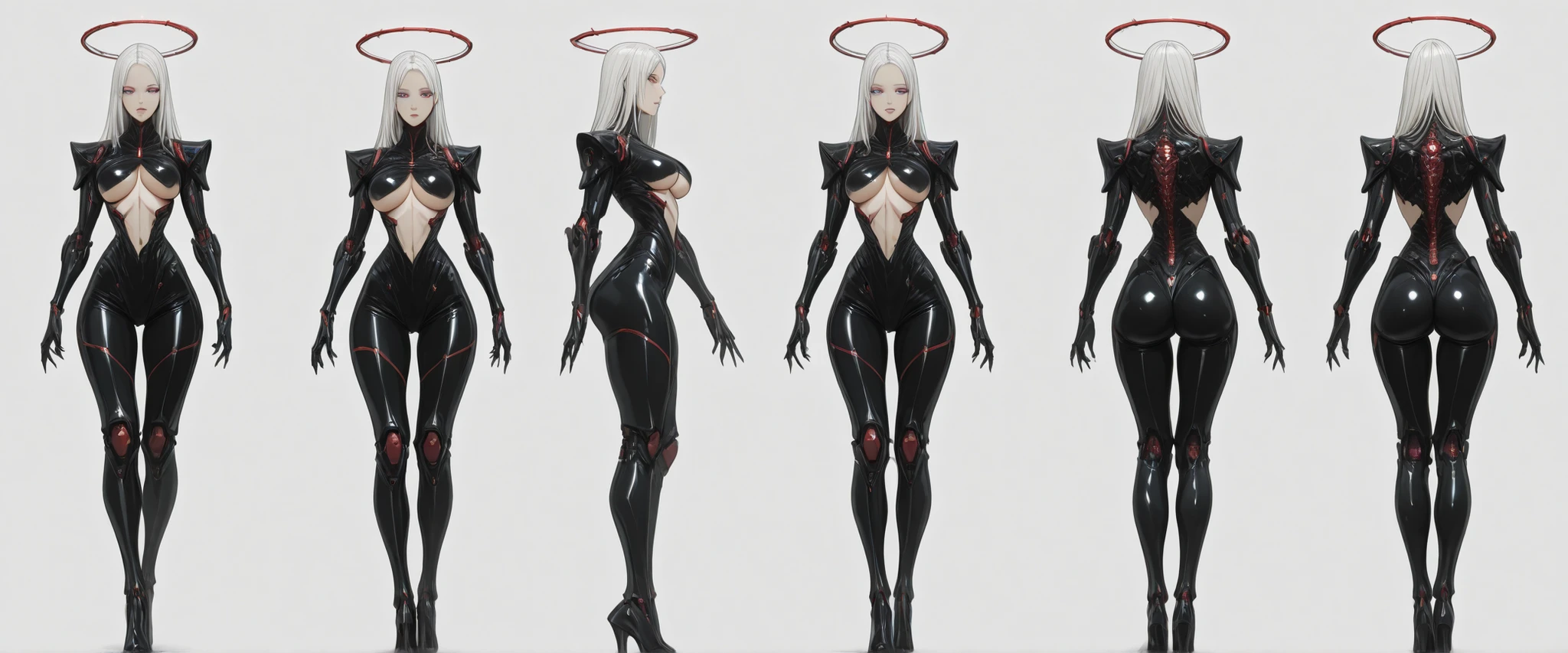 1:1 masterpiece, best quality, amazing quality, latest, very aesthetic, [[ 1 girl, she has bionic arms and a futuristic gothic outfit with futuristic accessories, a feminine and sexy cyberpunk armor, she wears a black mini-blouse and is very short showing her lower part, ((underboobs)) she has large and voluminous breasts, her hair is white and long with a straight fringe, she has mixed oriental features, she has purple eyes, she has a defined abdomen, she wears black latex pants, in one hand she holds a futuristic arcane magician staff, she has a bionic halo made of metal and gold, on her spine she has a bright red bionic exoskeleton that follows her spine, she has sharp curves, beautiful body, black nails, eyeliner, penetrating villain look]], front, side and back views, character presentation, [[white background]], character design layout, 3 sides, front back and side, front, side and back view. [[FULL BODY]], [[Image showing your full body from head to toe]], front and side view in the same image, [[white background]], presentation of the character concept. no shading, flat colors in the 90s anime style with cel shaded. 3 tones, high resolution 32k, defined and detailed face, detailed eyes, high resolution, sharp image