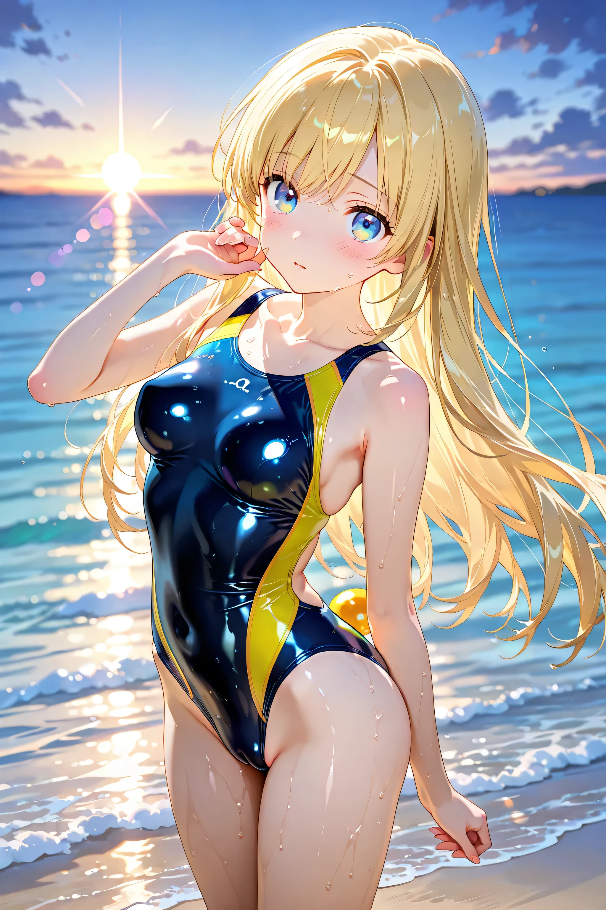 One Woman、Blonde Hair、long hair、Hair between the eyes、Blue Eyes、Braid、One piece swimsuit、Big Breasts、Huge breasts、Areola contour、Nipple Contour、Upper Body、Front view、Smiling、Are standing、Beach、blue sky、