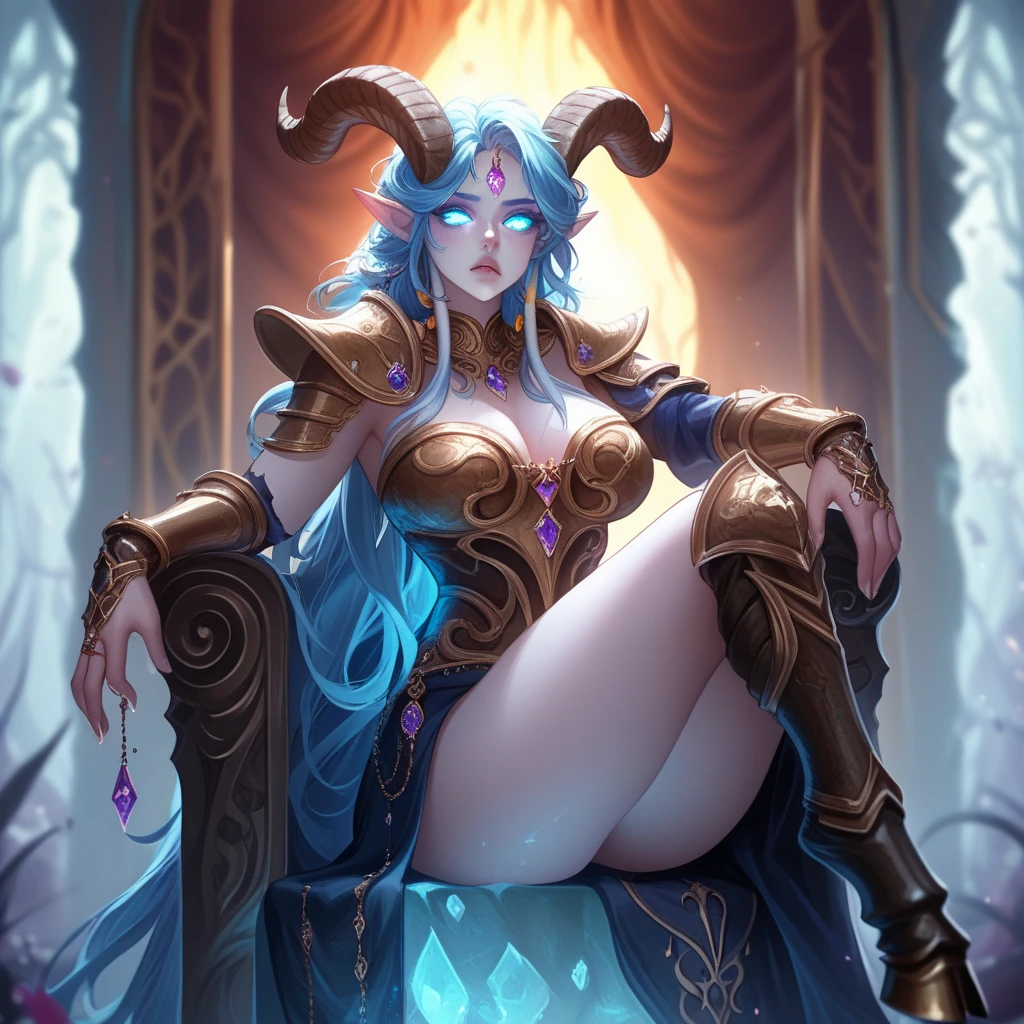 a woman in a blue outfit with horns and a black top, extremely detailed artgerm, thicc, , with blue skin, sona is a slender, oc commission, with glowing blue lights, commission for high res, 8k high quality detailed art, popular on pixiv, marin kitagawa fanart, sfw version, style artgerm