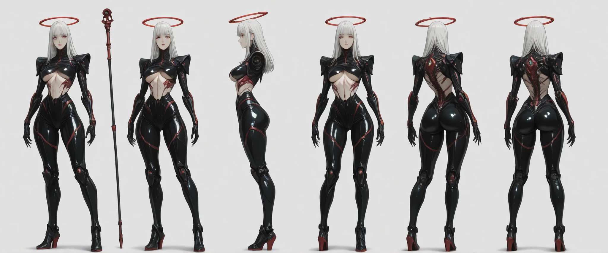 1:1 masterpiece, best quality, amazing quality, latest, very aesthetic, [[ 1 girl, she has bionic arms and a futuristic gothic outfit with futuristic accessories, a feminine and sexy cyberpunk armor, she wears a black mini-blouse and is very short showing her lower part, ((underboobs)) she has large and voluminous breasts, her hair is white and long with a straight fringe, she has mixed oriental features, she has purple eyes, she has a defined abdomen, she wears black latex pants, in one hand she holds a futuristic arcane magician staff, she has a bionic halo made of metal and gold, on her spine she has a bright red bionic exoskeleton that follows her spine, she has sharp curves, beautiful body, black nails, eyeliner, penetrating villain look]], front, side and back views, character presentation, [[white background]], character design layout, 3 sides, front back and side, front, side and back view. [[FULL BODY]], [[Image showing your full body from head to toe]], front and side view in the same image, [[white background]], presentation of the character concept. no shading, flat colors in the 90s anime style with cel shaded. 3 tones, high resolution 32k, defined and detailed face, detailed eyes, high resolution, sharp image