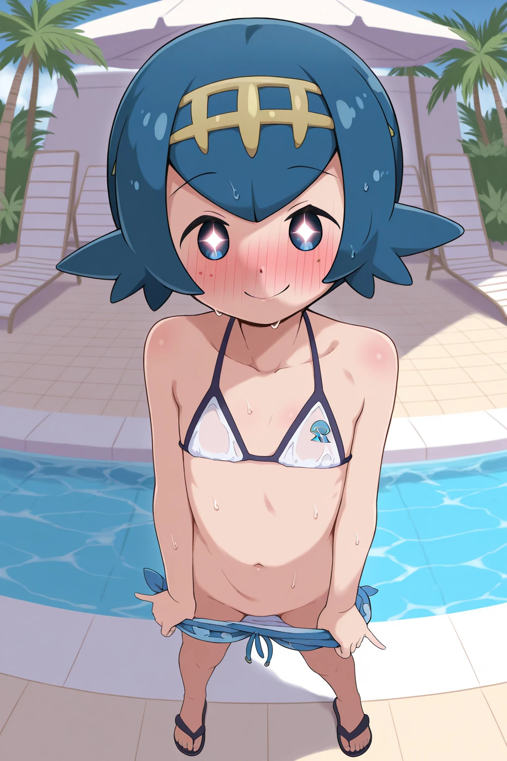 score_9,score_8_up,score_7_up, source_cartoon, source_furry, cat boy, cat tail, dark blue hair, hair over one eye, high long ponytail with volume,spike side hair, furry, blush, looking at viewer, smile, 1boy, cat ears, furry male, white body fur, ((flower on hair, dark blue strapless fringed bandeau bikini)), beach, clear sky, blue eyes, blush, navel, femboy, cute, looking at viewer, full body, feets with three toes, three toes, feets on view, low angle, up leg, step on your face, POV, giant, barefoot, feet focus, giant feet, feet from below pose,