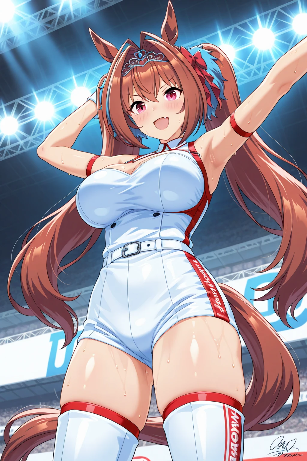 curvy belly, titration screen,, Elegant lady, (upper body only), anime style: 1.8, anime drawing, ultra detailed face, ultra detailed body, 4k, Sumergai Lee Noriega, (standing), best quality, anime style, hires, highest definition, digital blending, bold drawing lines, ((wwe diva), (location: wrestling arena, crowds watching), ( big shoulders, slim body, (wrestler body, thick arms, detailed biceps), , broad shoulders, closed fists, (very curvy: 2.8)), ((white bikini, only, white gloves, collar, hand protector, (champion belt on bare belly))), loser, defeated, sad, (pale skin, big breasts, smile), (big eyes, brown eyes), (clapping), ( brown hair, loose hair, curly hair, wavy hair, long hair, missy hair), 27 years old,