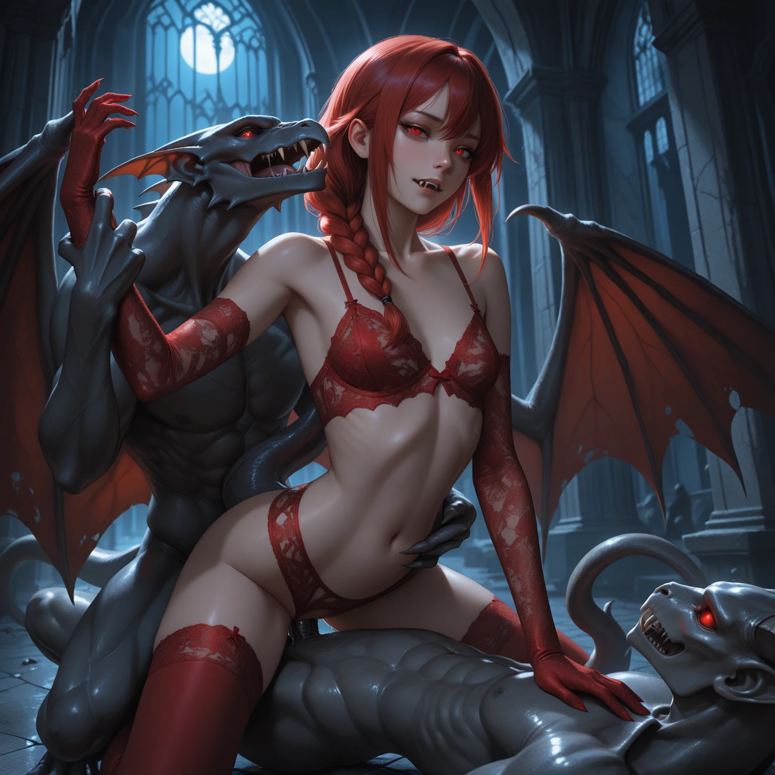 Dominant demonic woman with red eyes and red wings sitting on a rocky ledge, beautiful succubus with a perfect body, succubus | medieval, succubus, demoness, raven-winged female vampire, beautiful elegant demon queen, hot succubus in a tight short dress showing much skin, portrait of a female demon in a lustful yet proud pose, Lasombra clan vampire, Diablo 4 Lilith, Mara demon, Geisha demon, in the style of Anne Stokes, perfectly proportioned physique. (nude:1.3),, (naugthy:1.3)