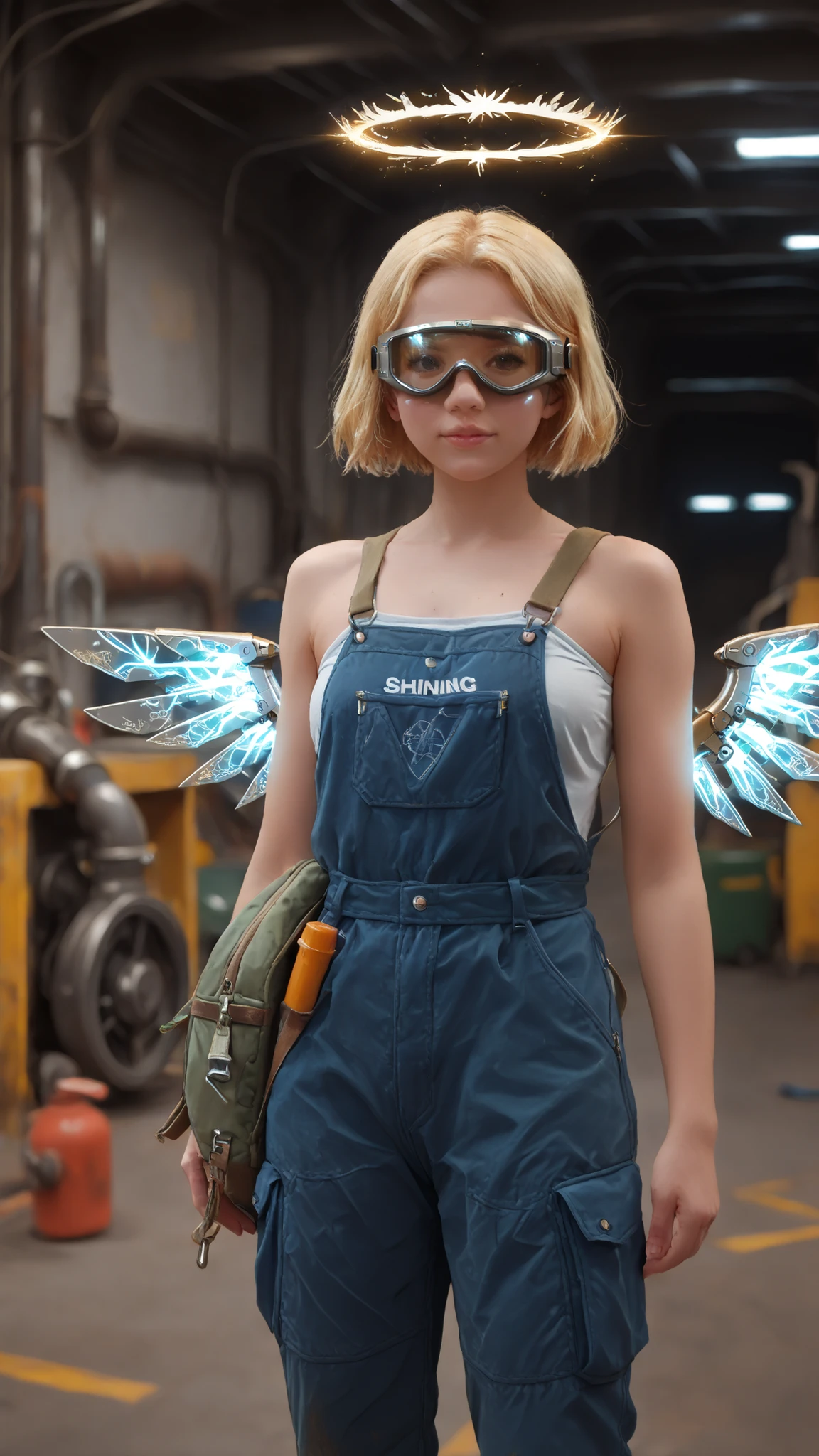 masterpiece, 最High Quality, High Quality, 8k, high resolution, Girl, mechanic engineer, ((industrial goggles)), dark blue workwear, tool, factory, anime style, Super Detailed, professional in fresh greenery, detailed glowing (((halo))), machine backpack with wide (((intricate mechanical wings))), bokeh, light laugh, shining blonde short hair, bare shoulders,