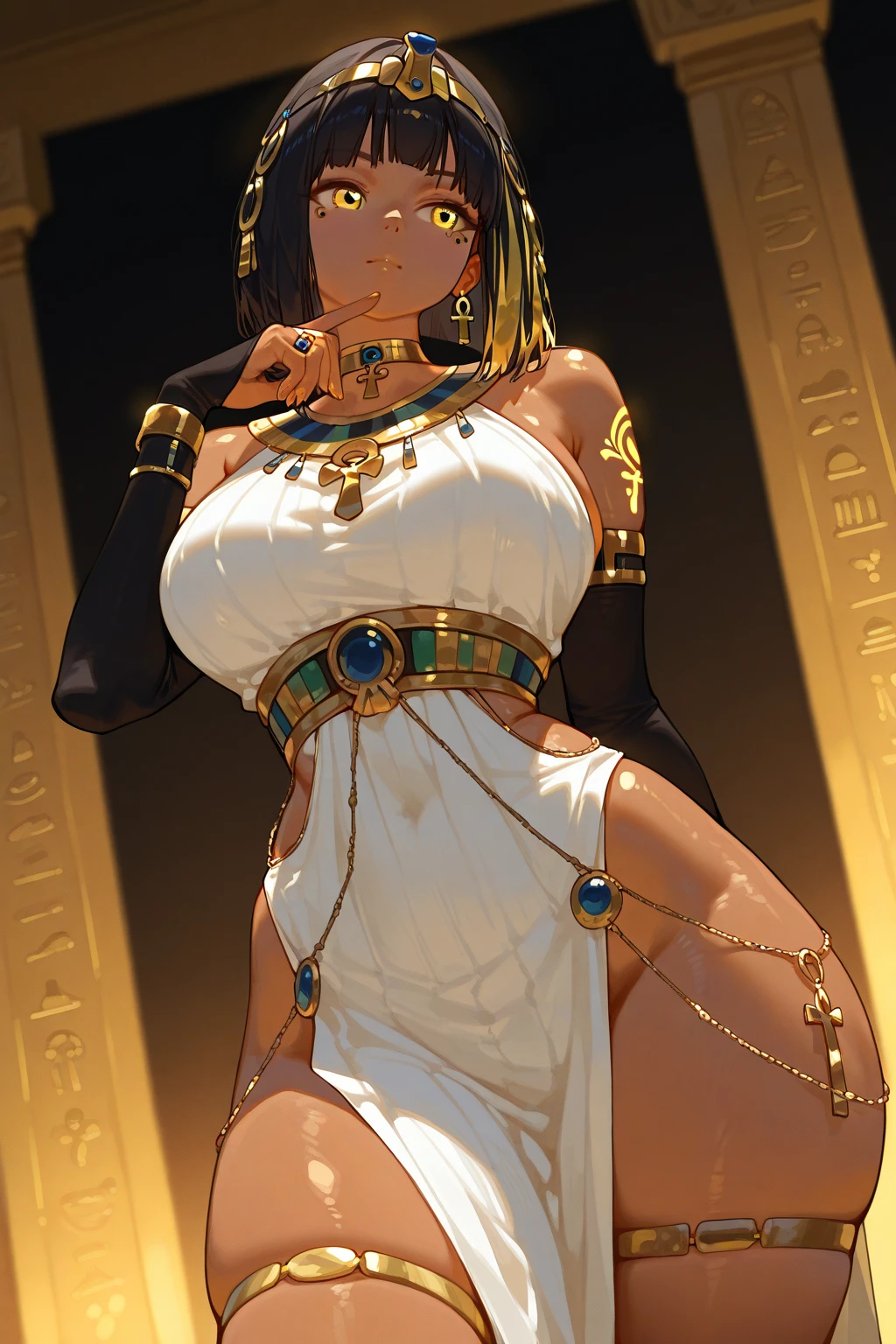 ((cinematic light)), hyper detail, dramatic light, intricate details, (best quality:1.2), highly detailed,Anime, Moe, illustration, (wallpaper, masterpiece, best quality, ultra-detailed, best shadow), (detailed background:1.4), (beautiful detailed face, beautiful detailed eyes), high contrast, (best illumination, an extremely delicate and beautiful), BREAK
1woman, solo, ancient Egyptian style, golden accents, mature, sexy, black hair, Egyptian deity elements, Cleopatra-like, golden jewelry, eye of Horus makeup, ankh necklace, sphinx in background, standing, seductive glance, full lips, golden headdress, hieroglyphics, age 30s, beaded curtain, luxurious atmosphere, snake armband, pyramids silhouette, Isis wings, Cleopatra dress, Cleopatra sandals, palm trees, rich textiles, warm lighting,
