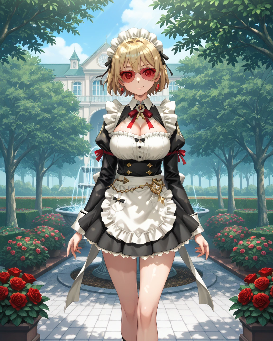 1girl, (maid, cleavage, apron, mini skirt, maid headdress), Joni the red, blonde, large breasts, short hair, red sunglasses, bright smile, luxury garden, standing pose, face closeup, pov view, victorian mansion background, blooming roses, trimmed hedges, marble fountain, afternoon sunlight, garden path, ornate garden furniture, english garden, flower beds, dappled sunlight