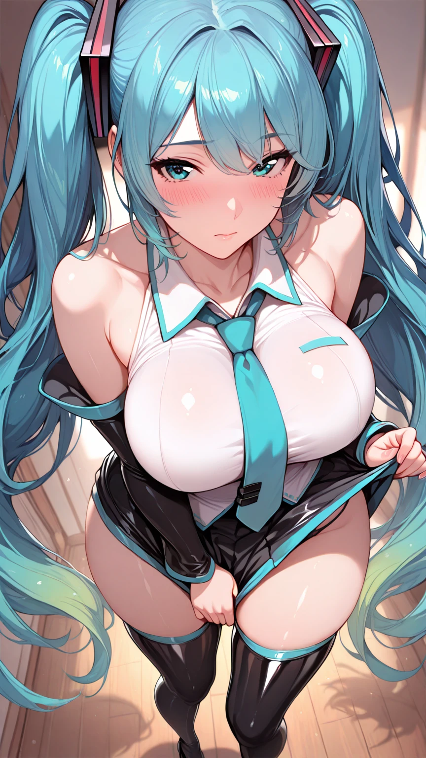  hatsune_miku absurdres commentary highres symbol-only_commentary 1girl aqua_bikini aqua_eyes aqua_hair aqua_nails aqua_necktie between_breasts bikini black_sleeves black_thighhighs borrowed_design breasts collar_bikini_miku_(meme) cowboy_shot cropped_legs detached_sleeves double_v hair_between_eyes horizontal-striped_bikini long_hair looking_at_viewer medium_breasts meme micro_bikini necktie necktie_between_breasts one_eye_closed simple_background smile solo string_bikini striped_bikini striped_clothes swimsuit thighhighs twintails two-tone_bikini v v_over_eye very_long_hair white_background in shower ,wet