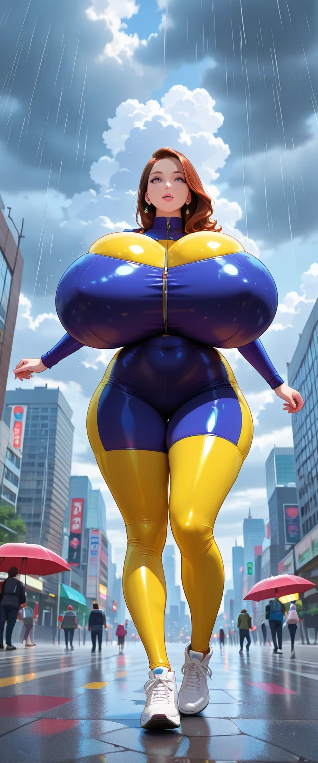 (humongous large breast:1.6),(tmasterpiece, Best quality at best),((High resolution 4K)), 1人の女性, own, with short black hair, Loose waves,blue rubber，Jointly,Front view, (Chai-ri, Arms back:1)，Woman wearing blue tight rubber clothing，Get up，Raise your hand up，（（humongous large breast）），（Surreal,）），（（The waist  very thin，（（（raised position））），worried expressions，Rubber connection，Latex luster，All inclusive，Excitation，contours，Side shown，swelling
