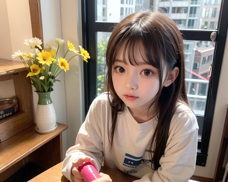 A cute Chinese baby girl with big eyes, wearing green short sleeves printed with white bear patterns and black hair, is sitting in front of an Apple laptop on the table. Her expression is one of sheer happiness as she looks directly at you, her hands gently resting above one side of the keyboard. The scene is captured in a 2:3 aspect ratio, with a video resolution of 60 frames per second, and a still size of 50 inches. The image is rendered in high detail, faithfully reproducing the intricate textures of the laptop surface, the fine lines of the bear patterns, and the gorgeous sheen of the baby's shiny black hair. The background is blurred, drawing all attention to the